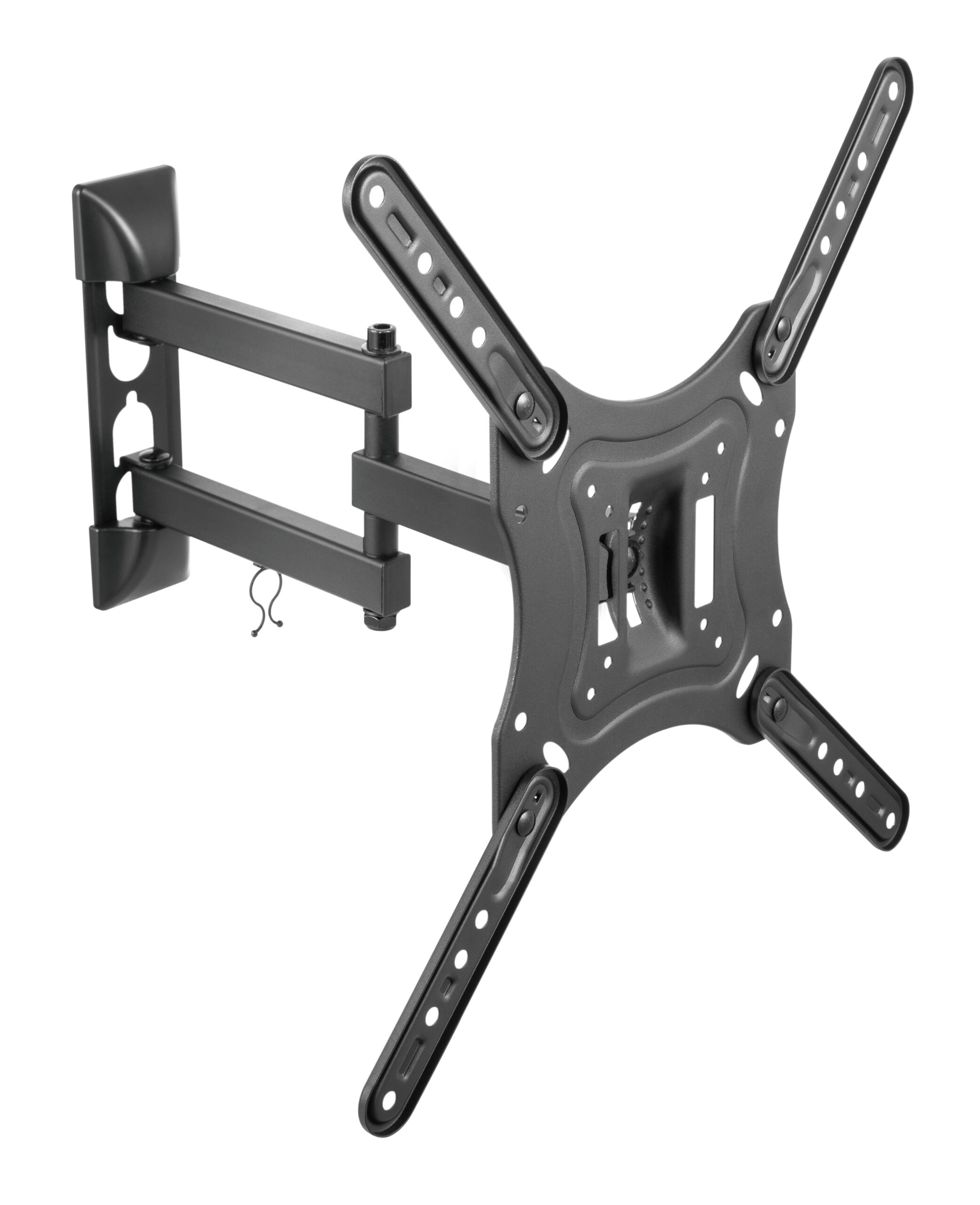 Un soporte de pared articulado negro para TV con brazos extensibles sobre fondo blanco.