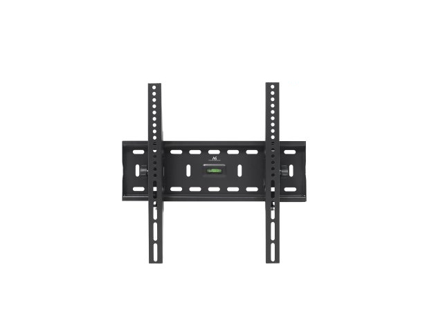 Black TV wall mount with a spirit level and adjustable arms.