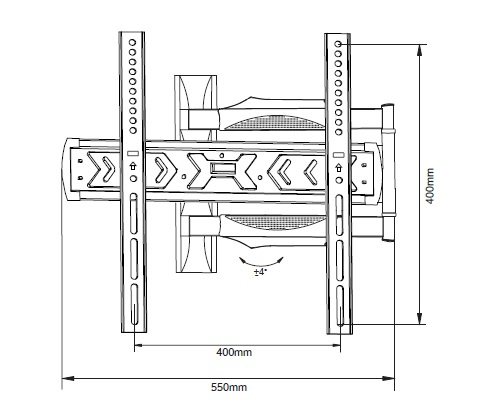 Vista detallada de un soporte de pared para TV con dimensiones de 400mm y 550mm.