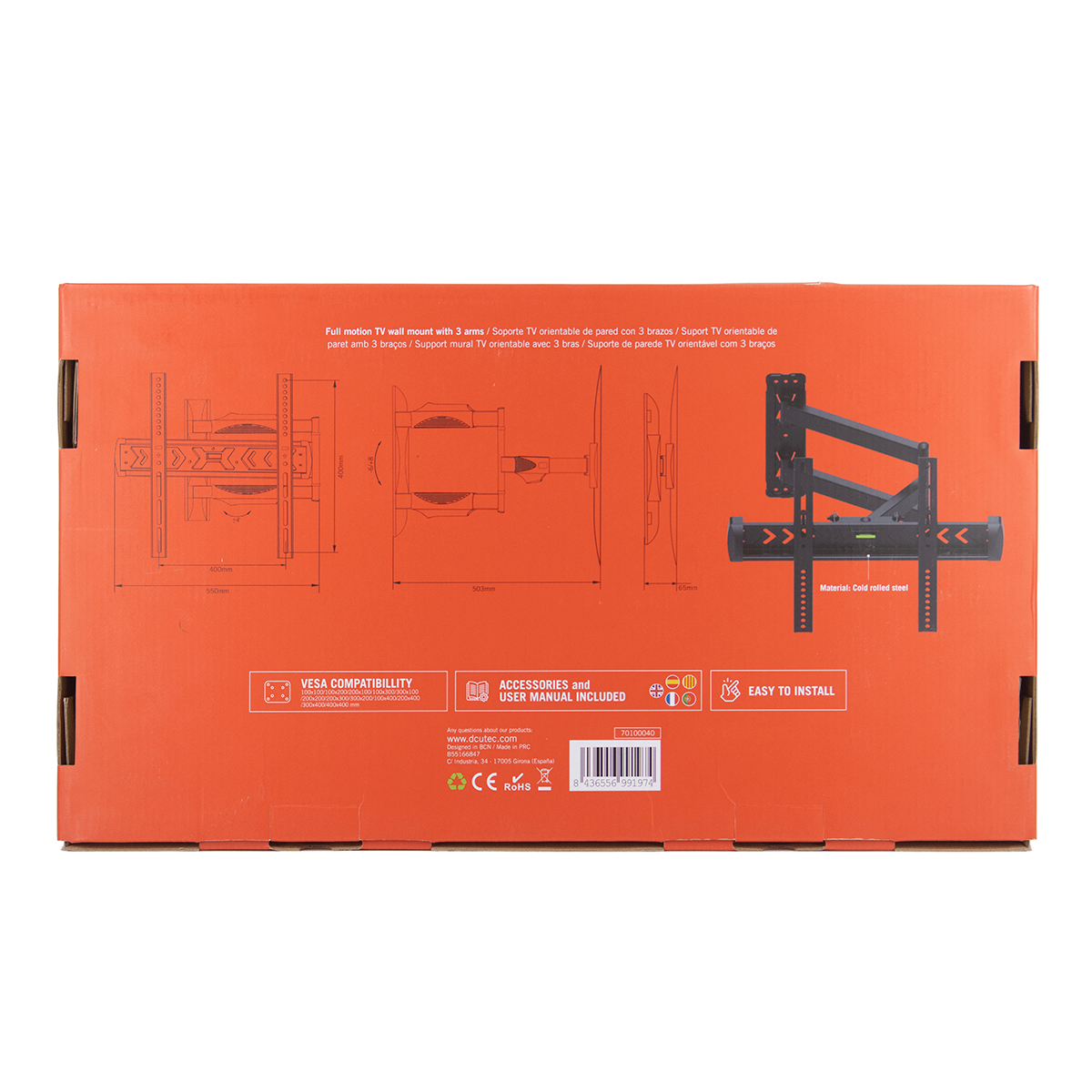 Embalaje de un soporte de pared TV orientable con 3 brazos, de acero laminado en frío.