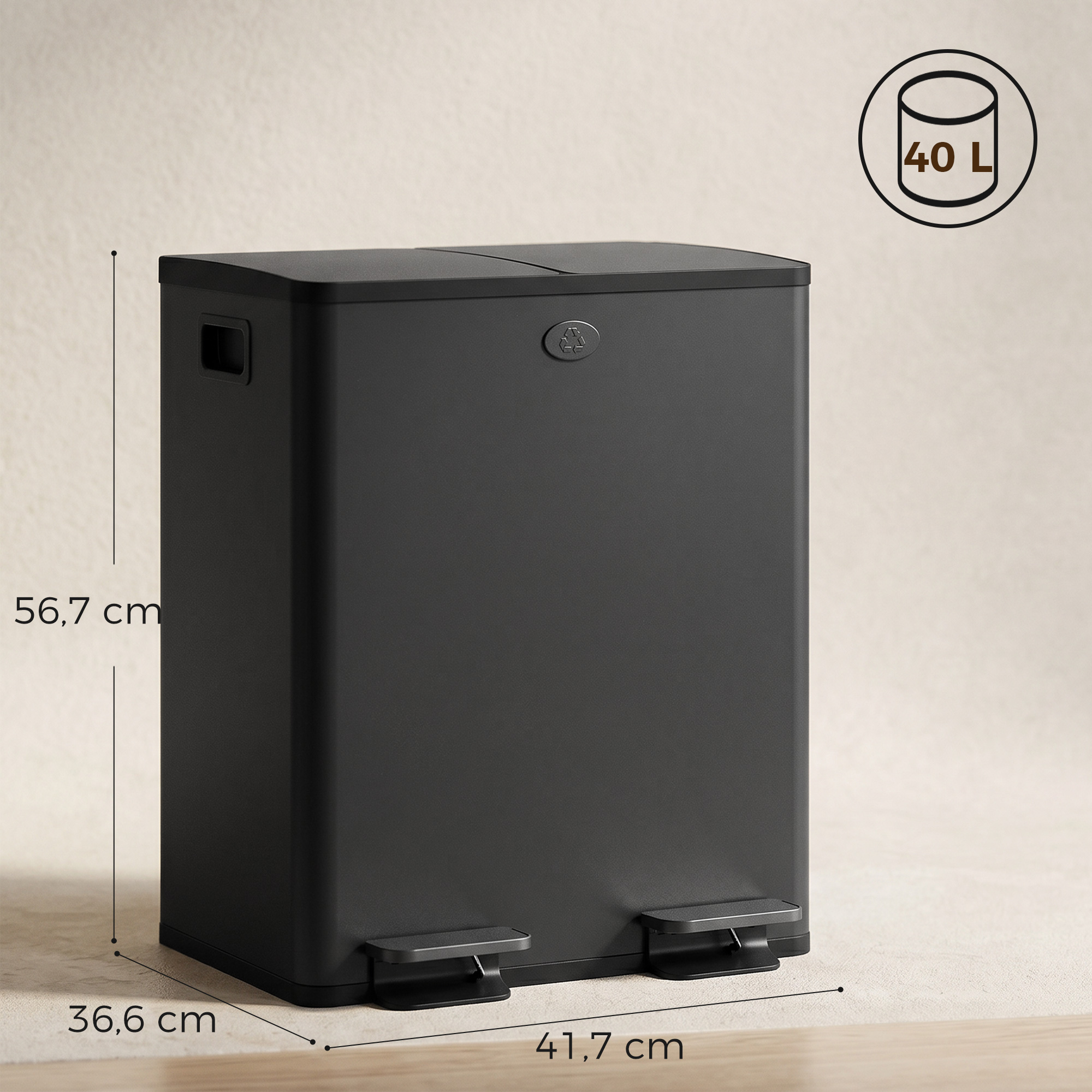 Un cubo de basura rectangular negro con dos pedales y un indicador de capacidad de 40L.