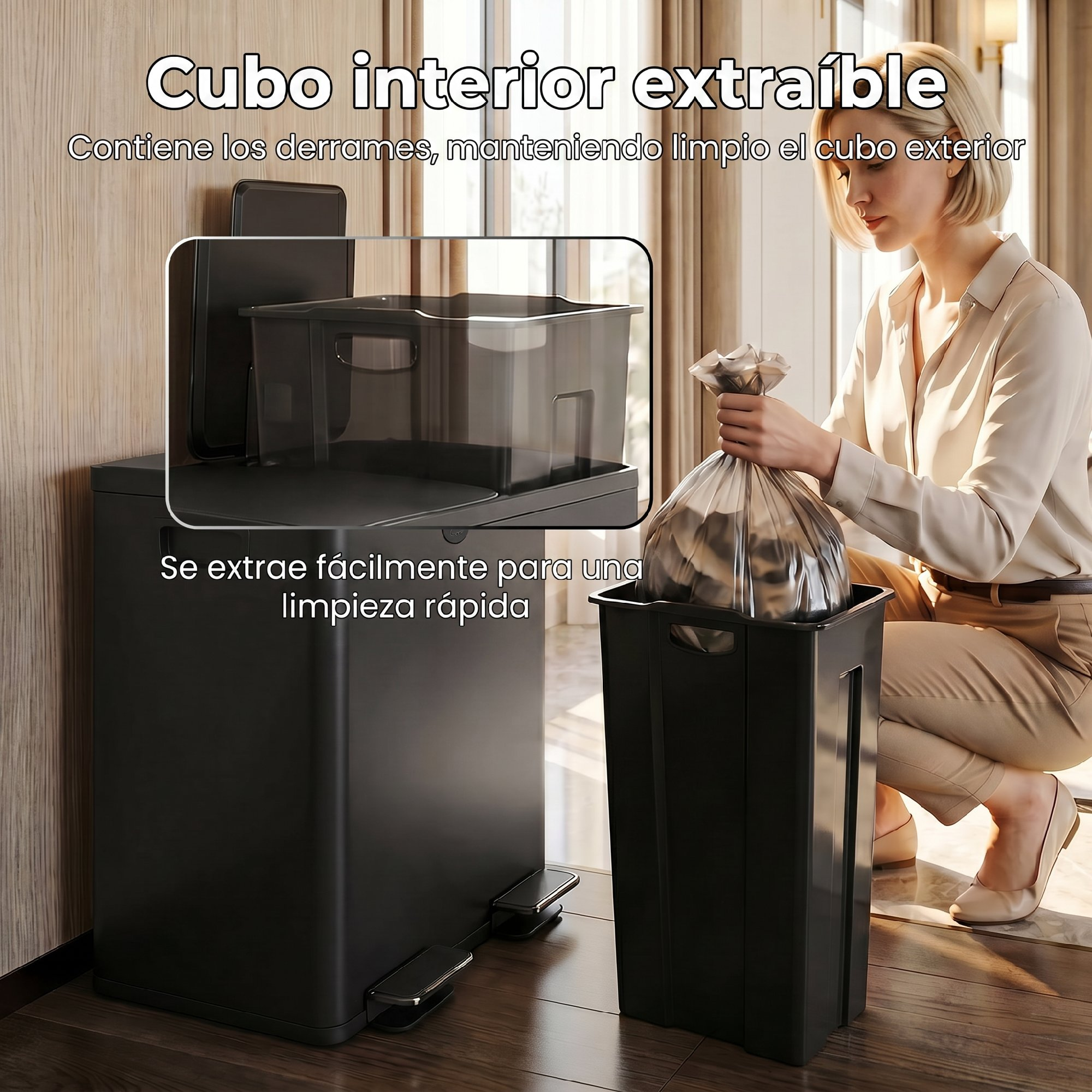 Una mujer cambia una bolsa de basura en un cubo negro con interior extraíble.