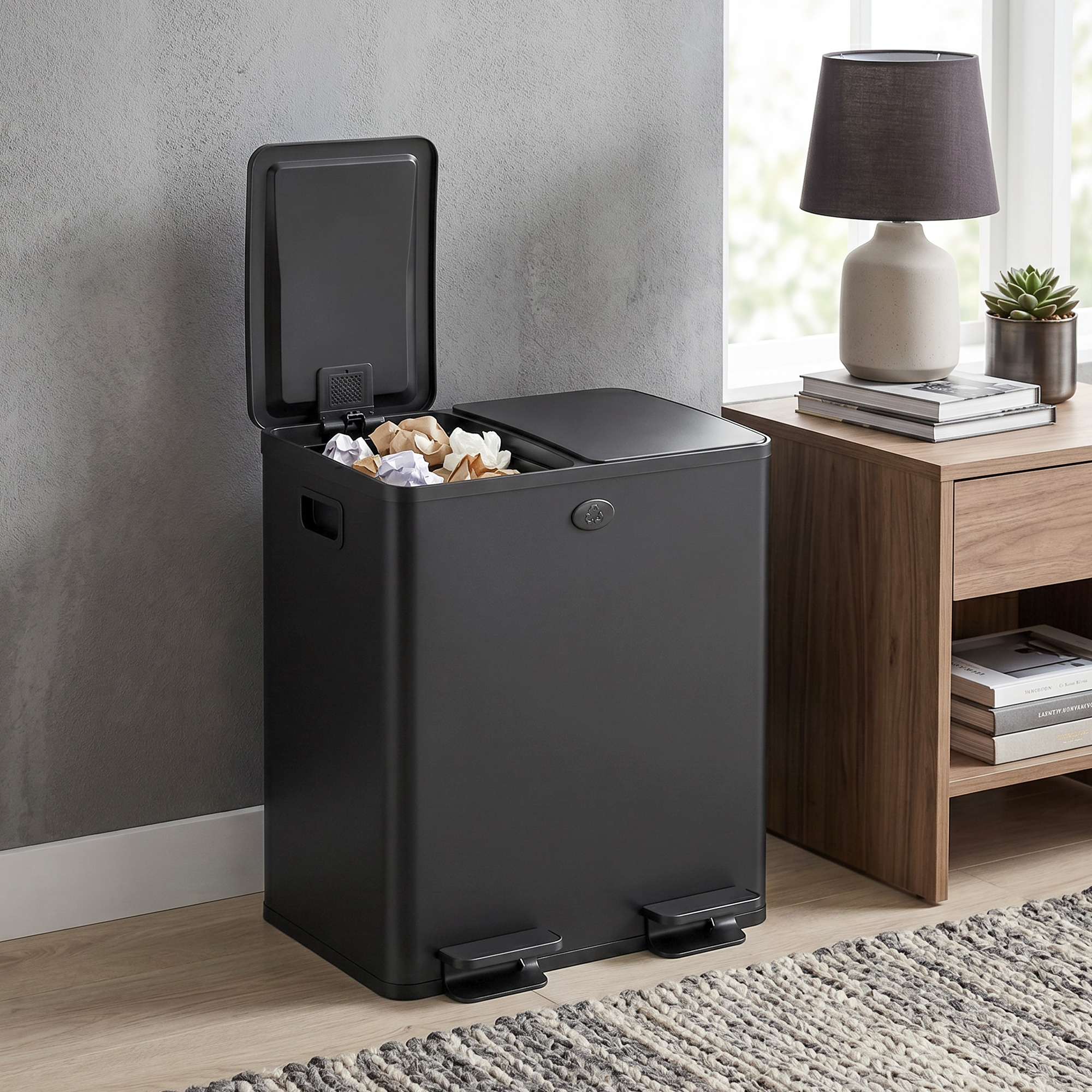 Un cubo de basura negro de doble compartimento con una tapa abierta, lleno de papel arrugado.