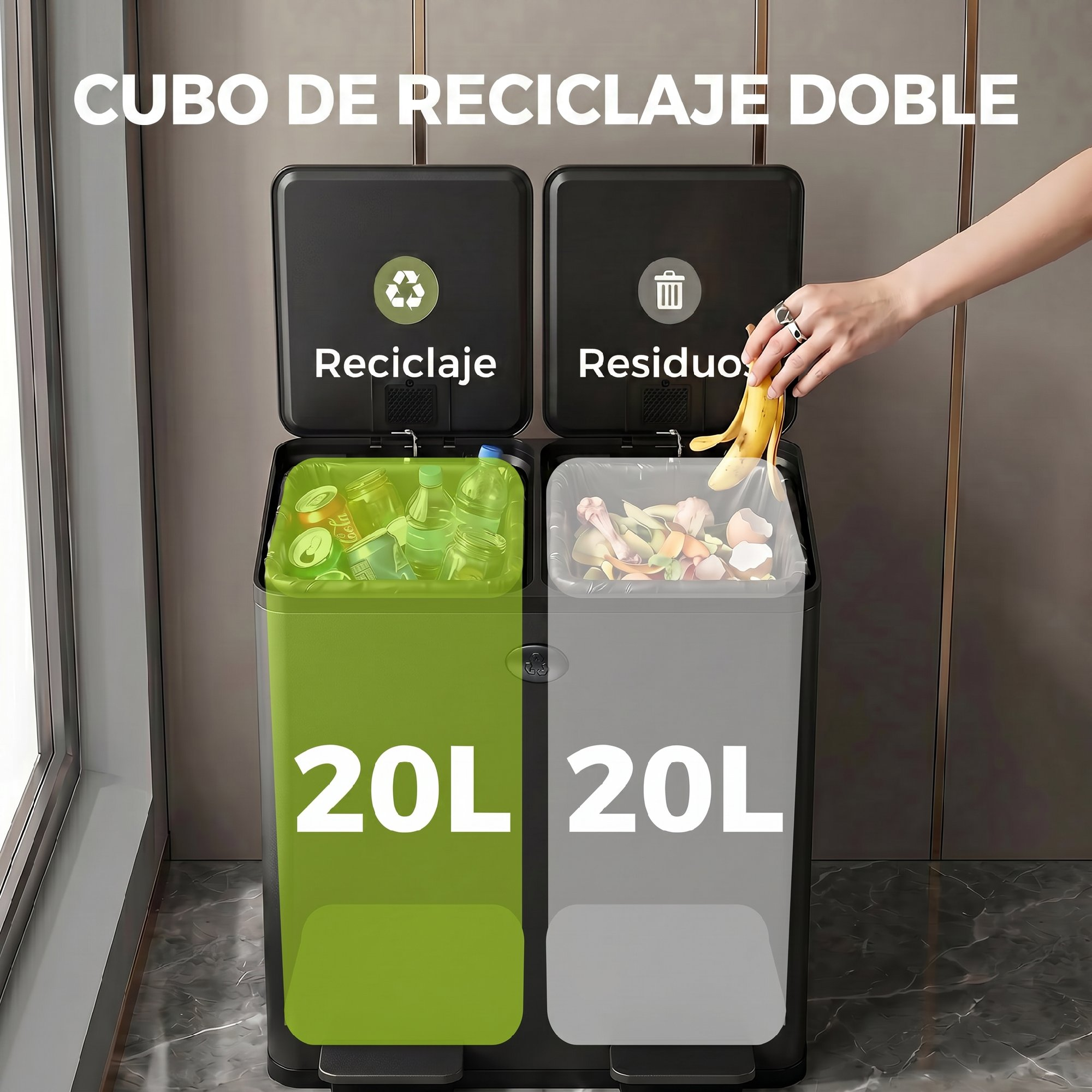 Un cubo de reciclaje doble, un compartimento para reciclaje y otro para residuos.