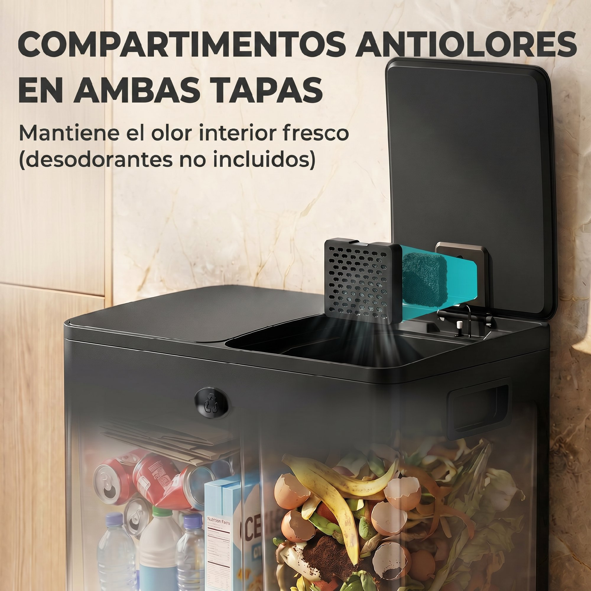 Un cubo de basura negro con dos compartimentos, uno para reciclaje y otro para orgánicos.