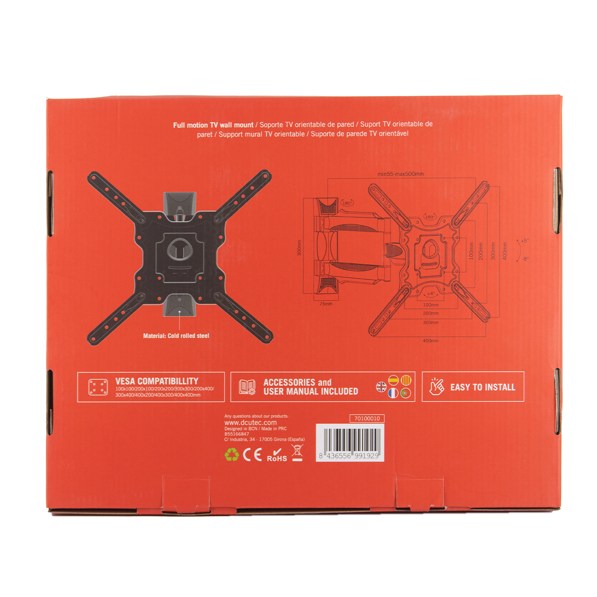Caja de soporte de pared para TV articulado, acero laminado en frío, con medidas.
