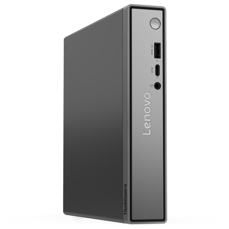 Gri bir Lenovo ThinkCentre PC kulesi dikey olarak duruyor, ön portlarını gösteriyor.