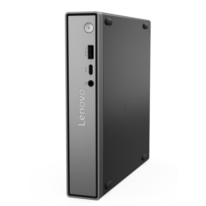Gümüş ön ve siyah yanlara sahip ince bir Lenovo mini PC kasası.