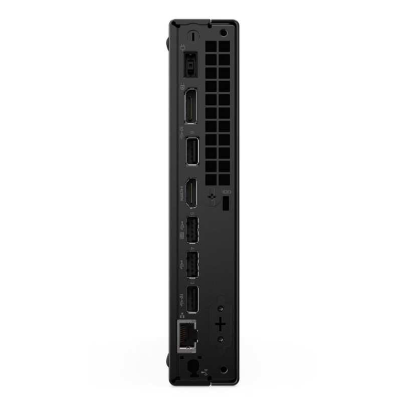 USB, HDMI, Ethernet bağlantı noktalarını gösteren siyah mini PC'nin arka görünümü.