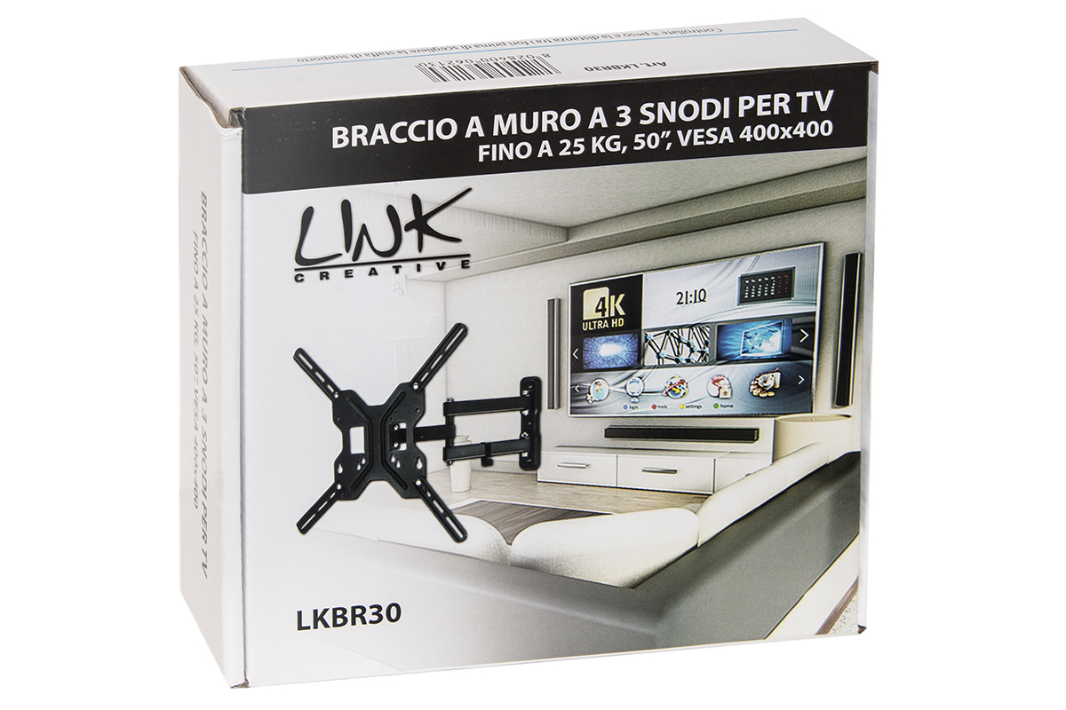 Scatola che mostra un supporto da parete TV nero snodato e un televisore 4K.