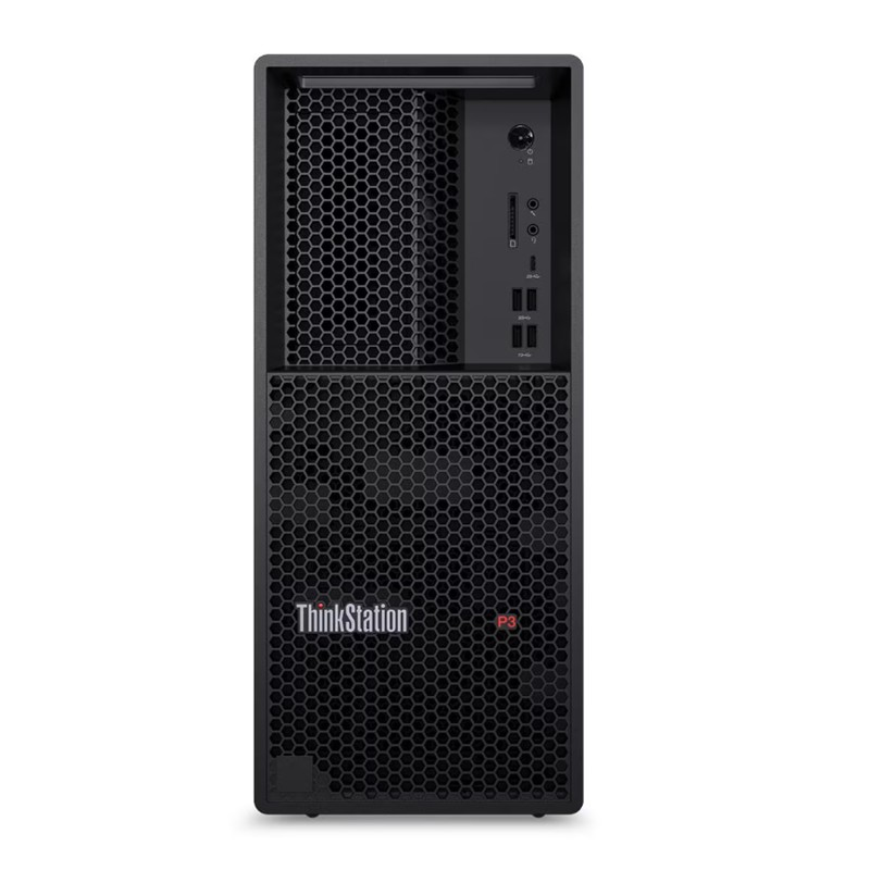 USB bağlantı noktalarına sahip petek ön ızgaralı siyah Lenovo ThinkStation P3 bilgisayar kasası.