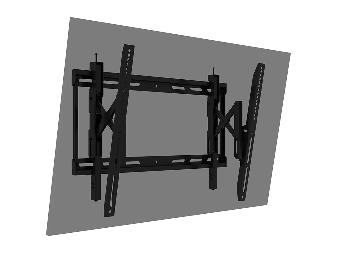 Eine schwarze TV-Wandhalterung mit verstellbaren Armen vor einem grauen Hintergrund.