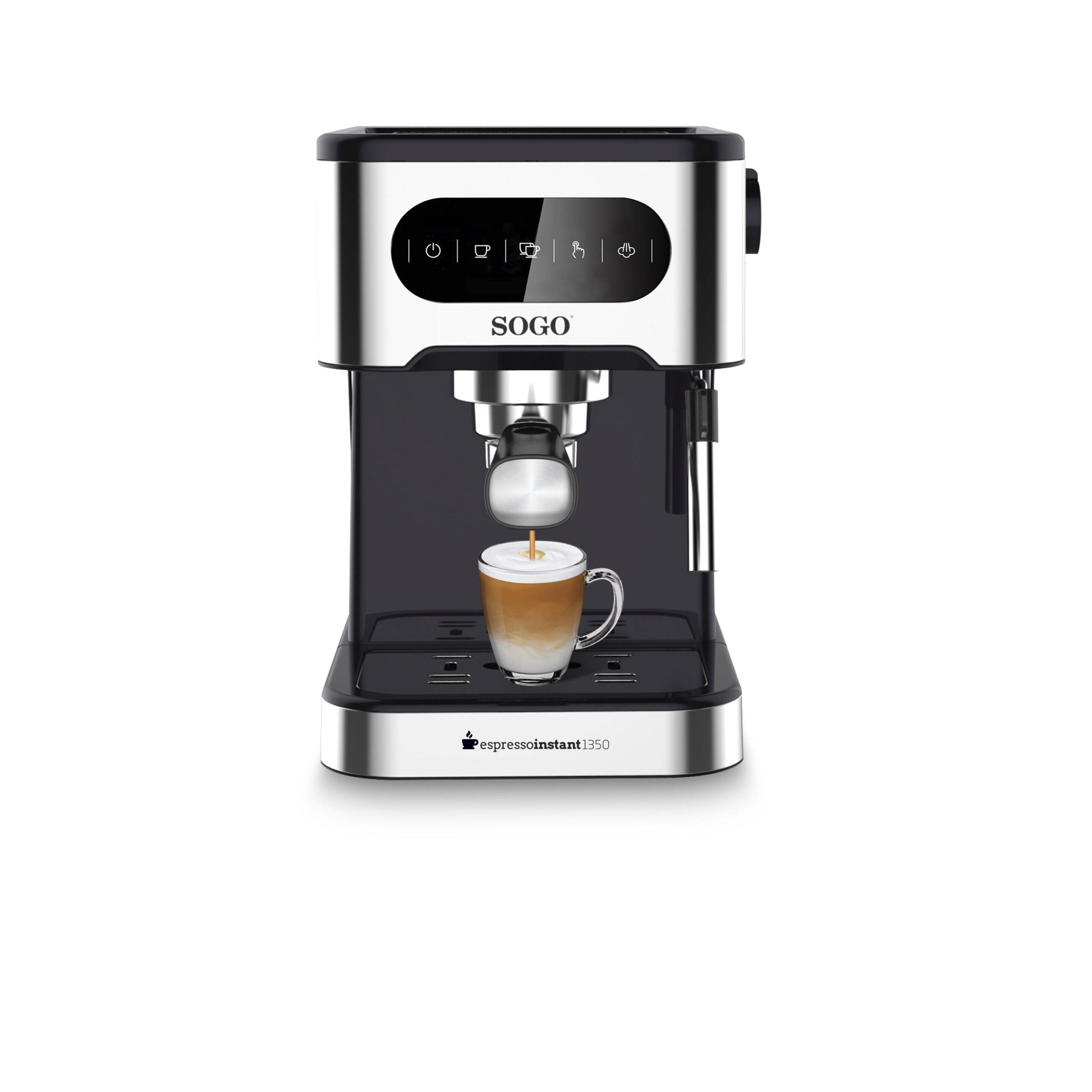 Una cafetera Sogo con un vaso de latte macchiato.