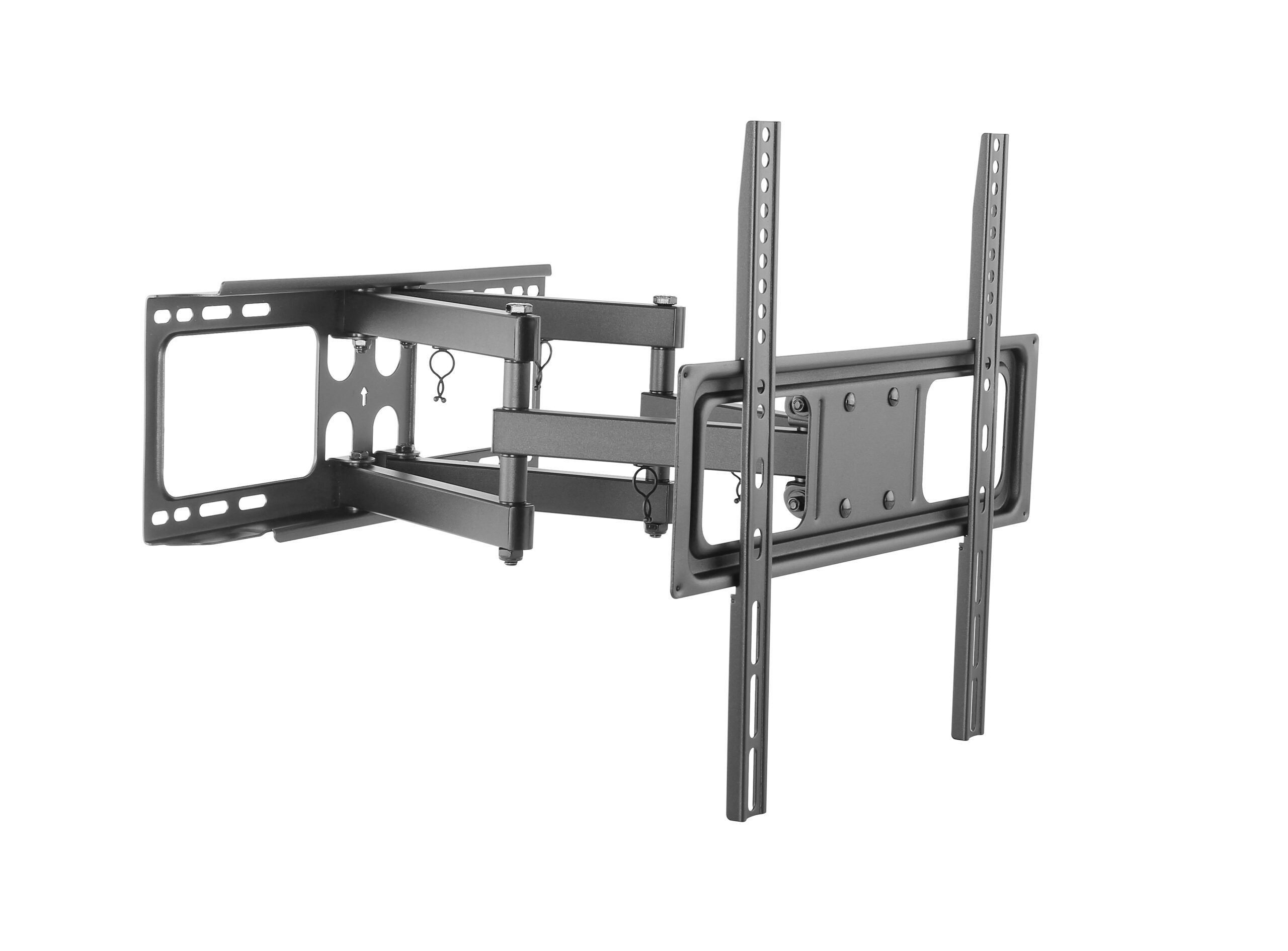 Un soporte de pared negro articulado para TV con brazos ajustables y placas VESA.