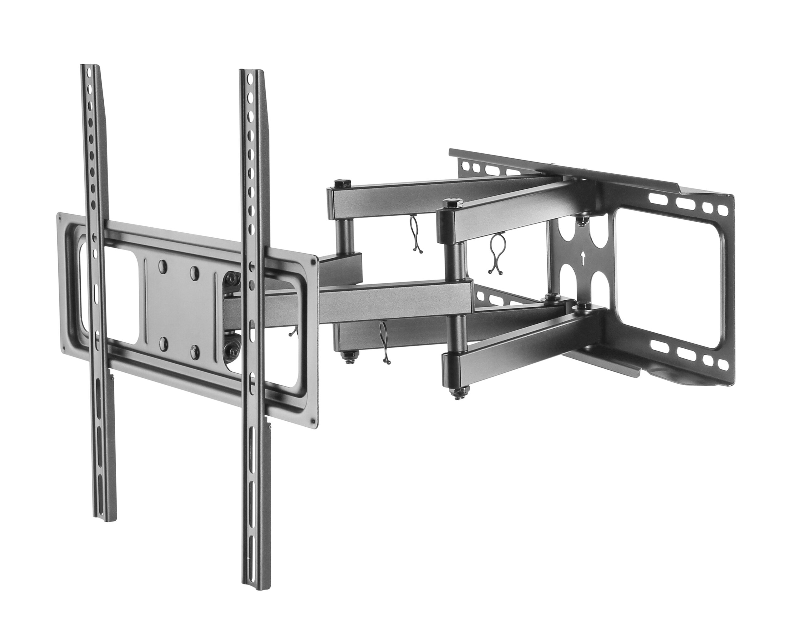 Un soporte de pared para TV gris articulado con brazo extensible y placa.