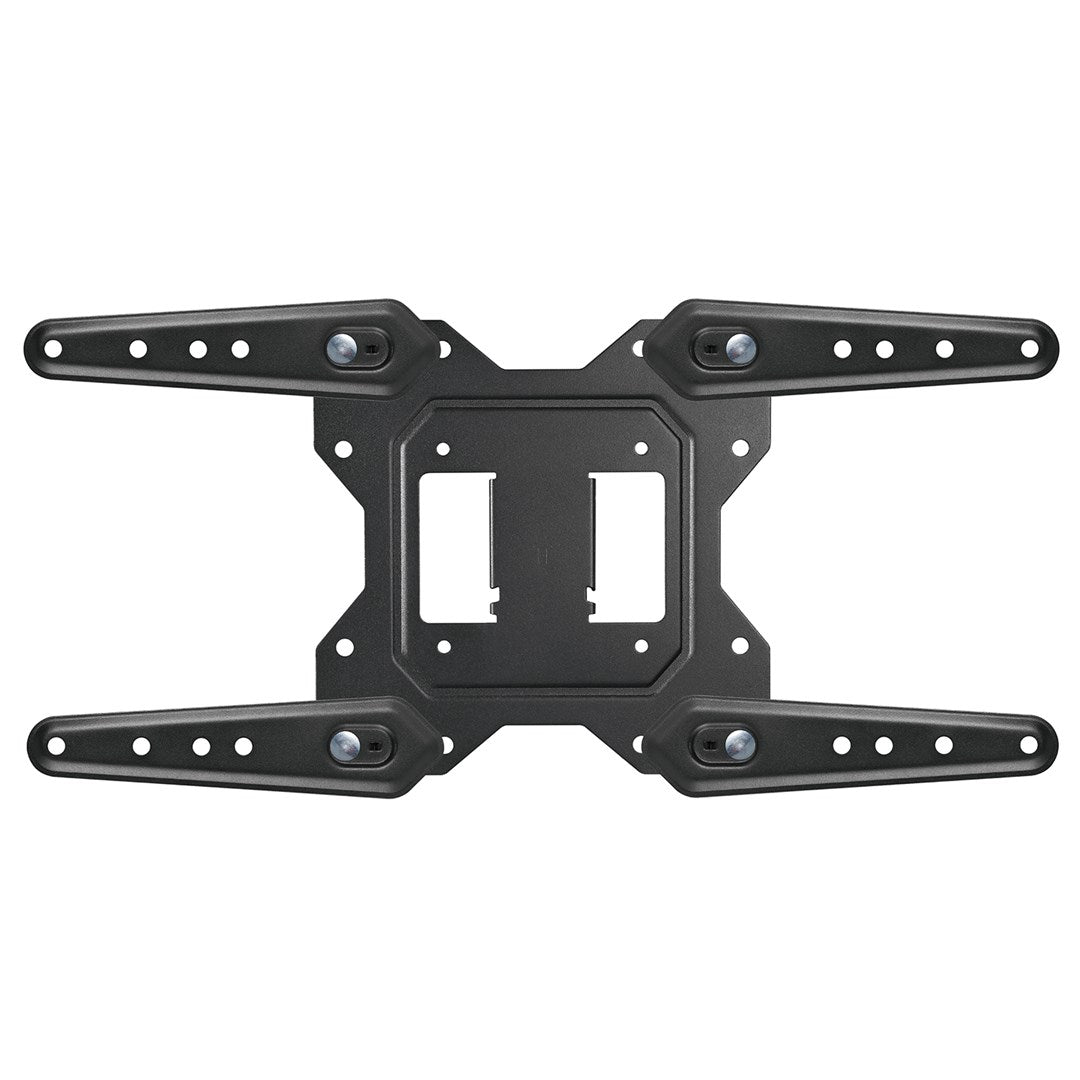 Supporto da parete TV nero con bracci regolabili e fori di montaggio.
