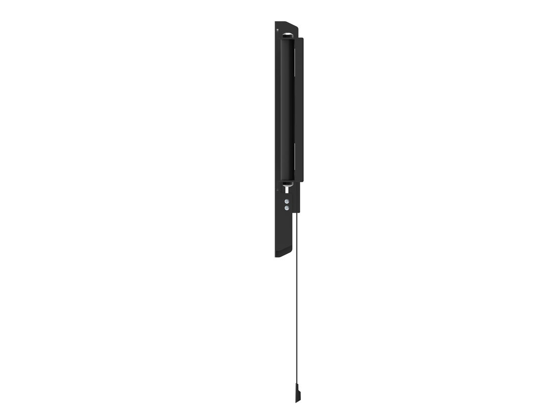 Ein schlankes, schwarzes Wandmontagesystem für Fernseher, seitlich betrachtet.