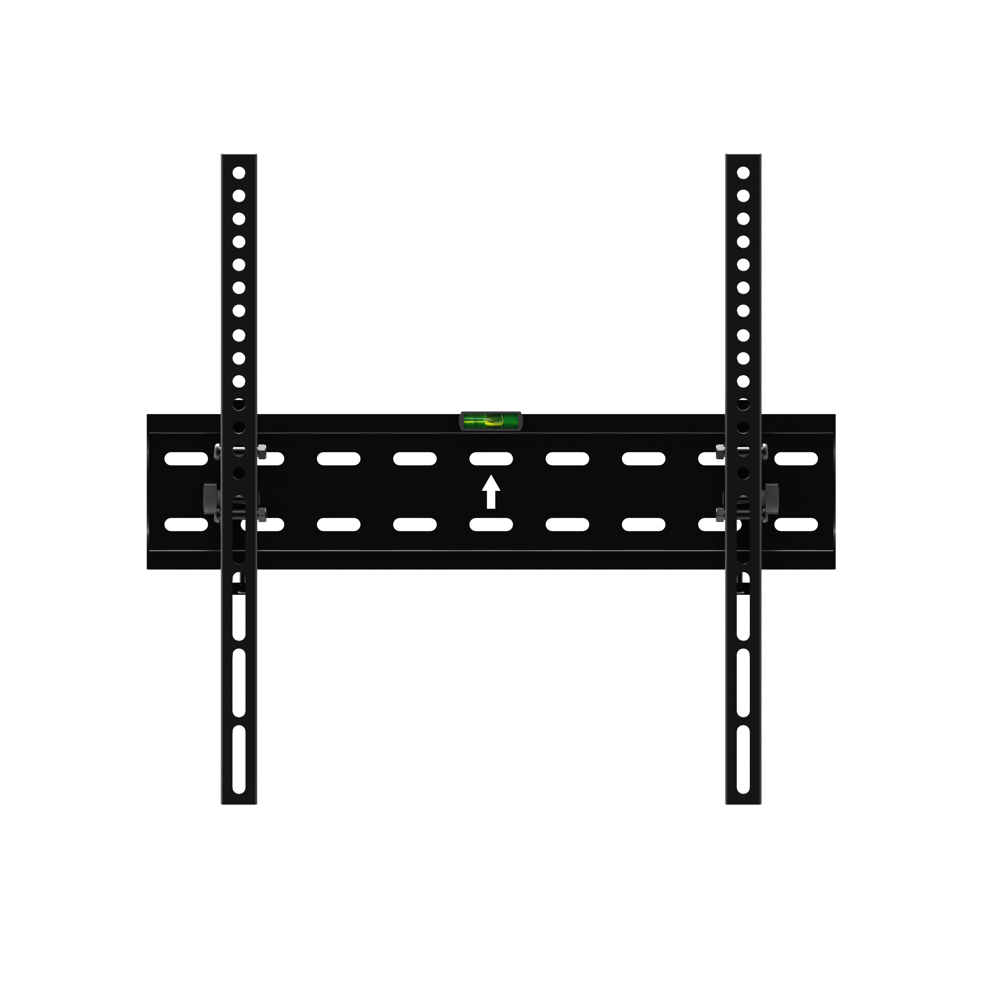 Soporte de pared negro para TV con nivel y brazos ajustables.