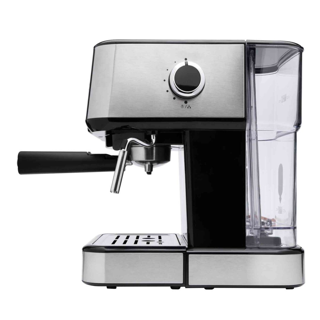 Una macchina per espresso argento e nera con serbatoio dell'acqua trasparente e portafiltro.