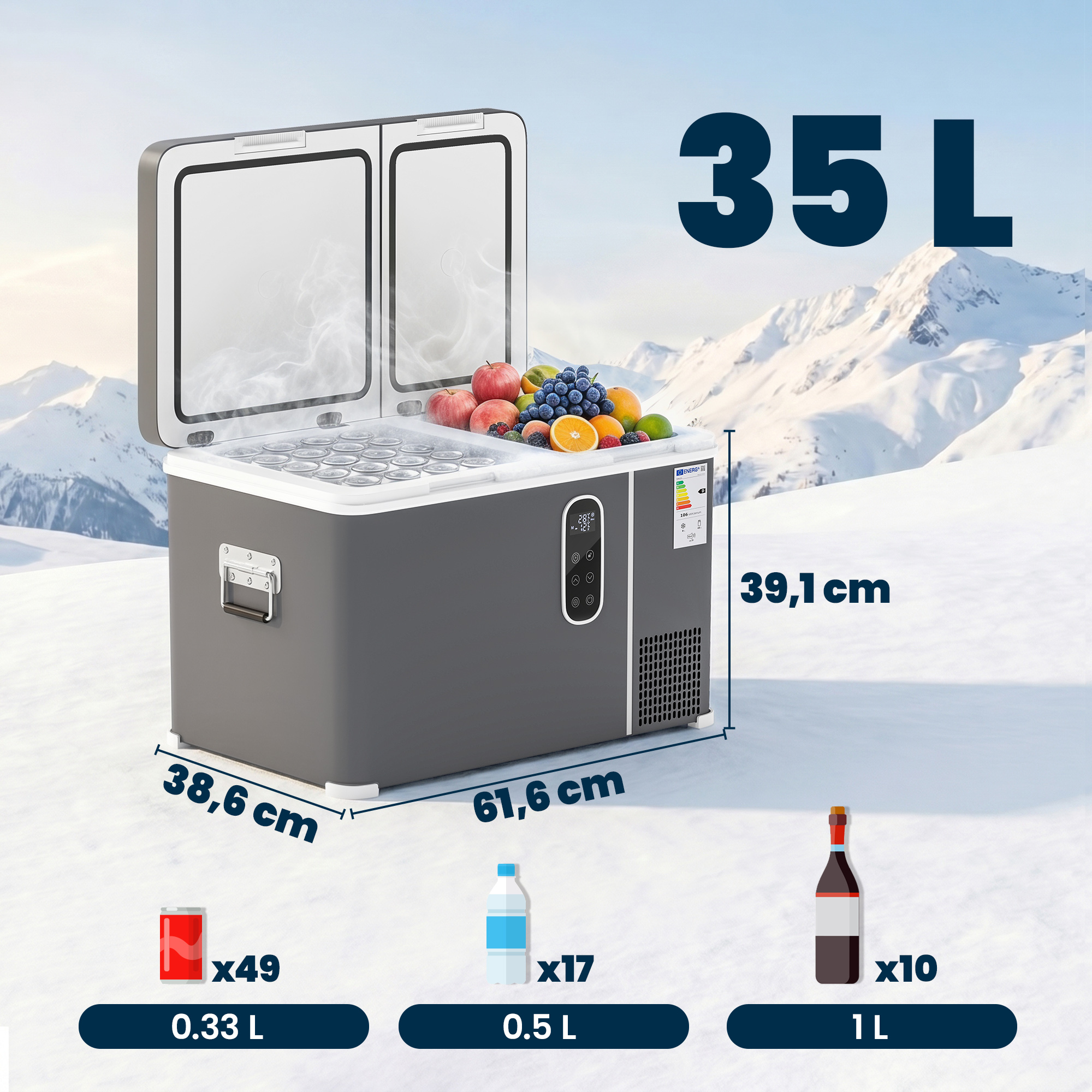 Nevera gris de 35L con frutas, hielo y bebidas en la nieve.