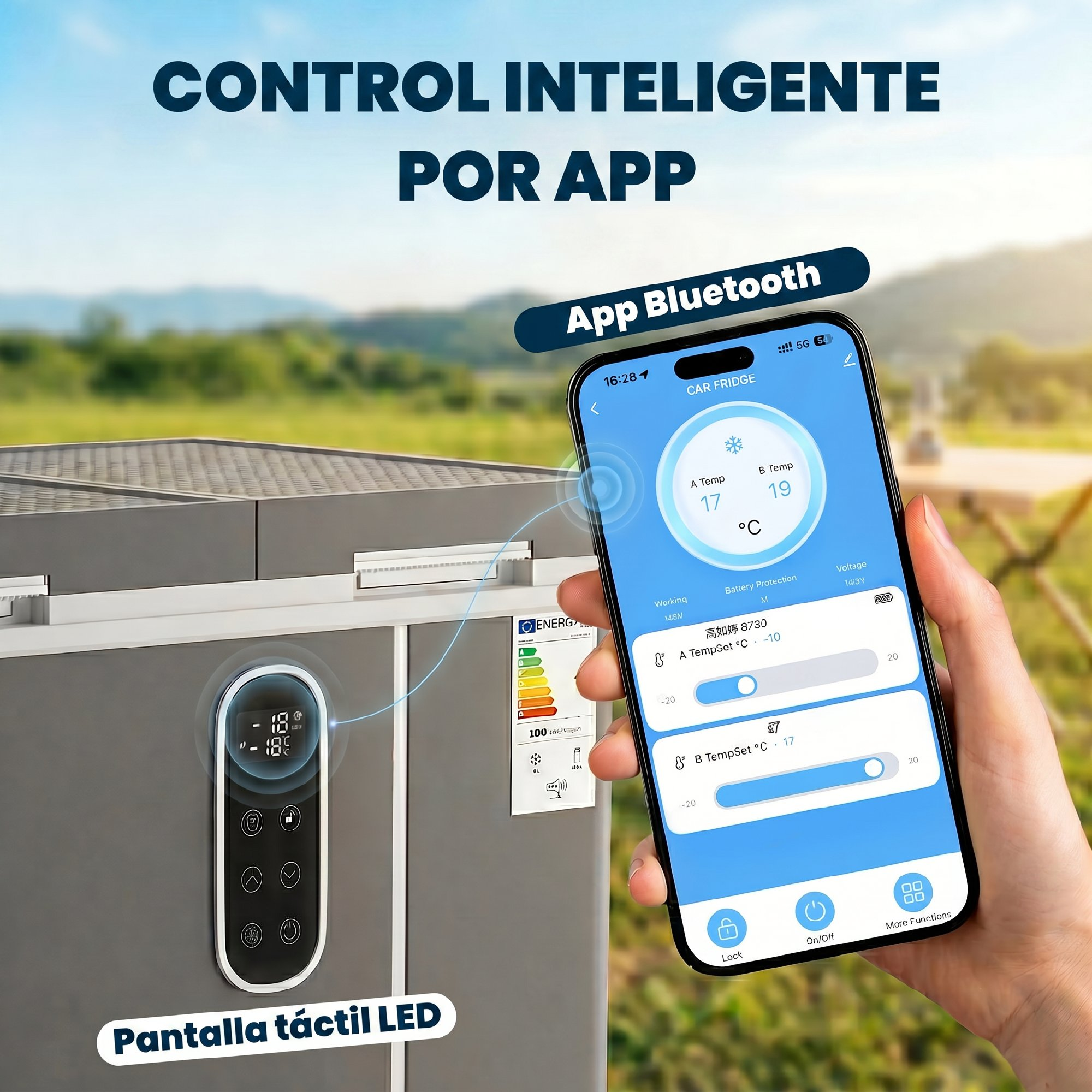 Una mano sostiene un smartphone con app de refrigerador de coche junto al refrigerador. Escena exterior.