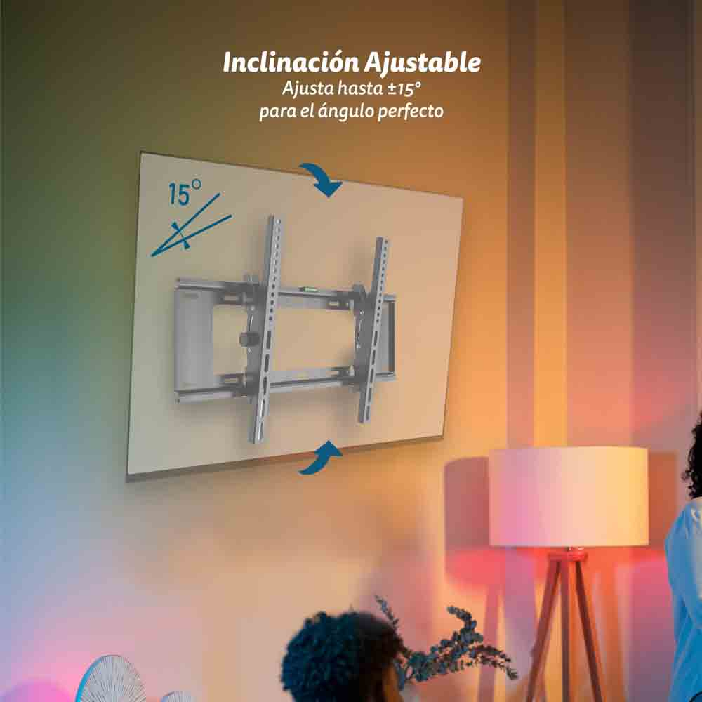 Un soporte de TV ajustable en una pared, inclinado 15 grados.