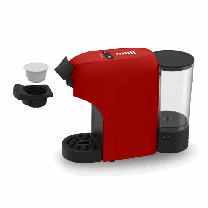 Eine rote Kaffeemaschine mit einem Wassertank und Kapseln daneben.