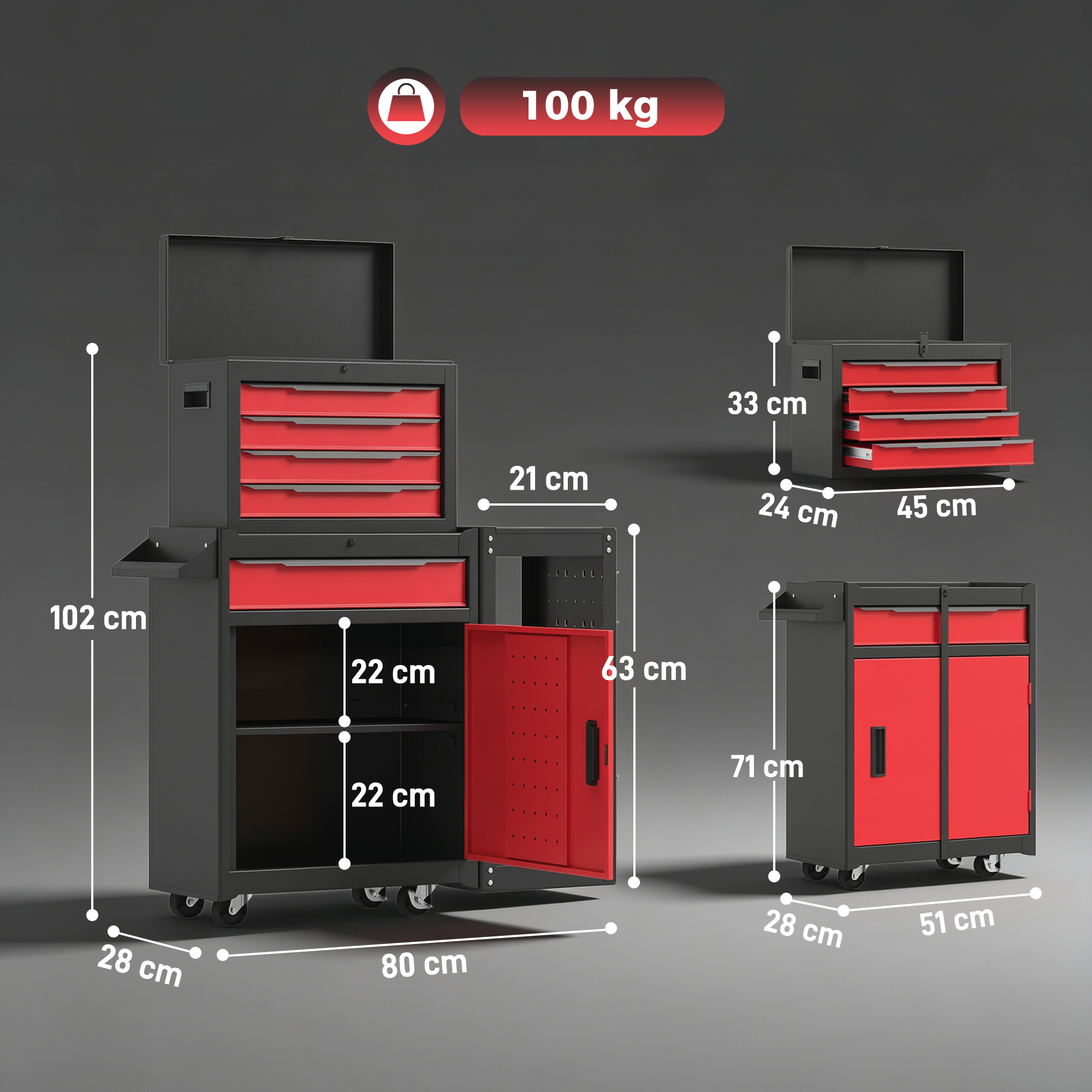 Cofres de herramientas con cajones rojos. Dimensiones mostradas. Carga máx. 100 kg.