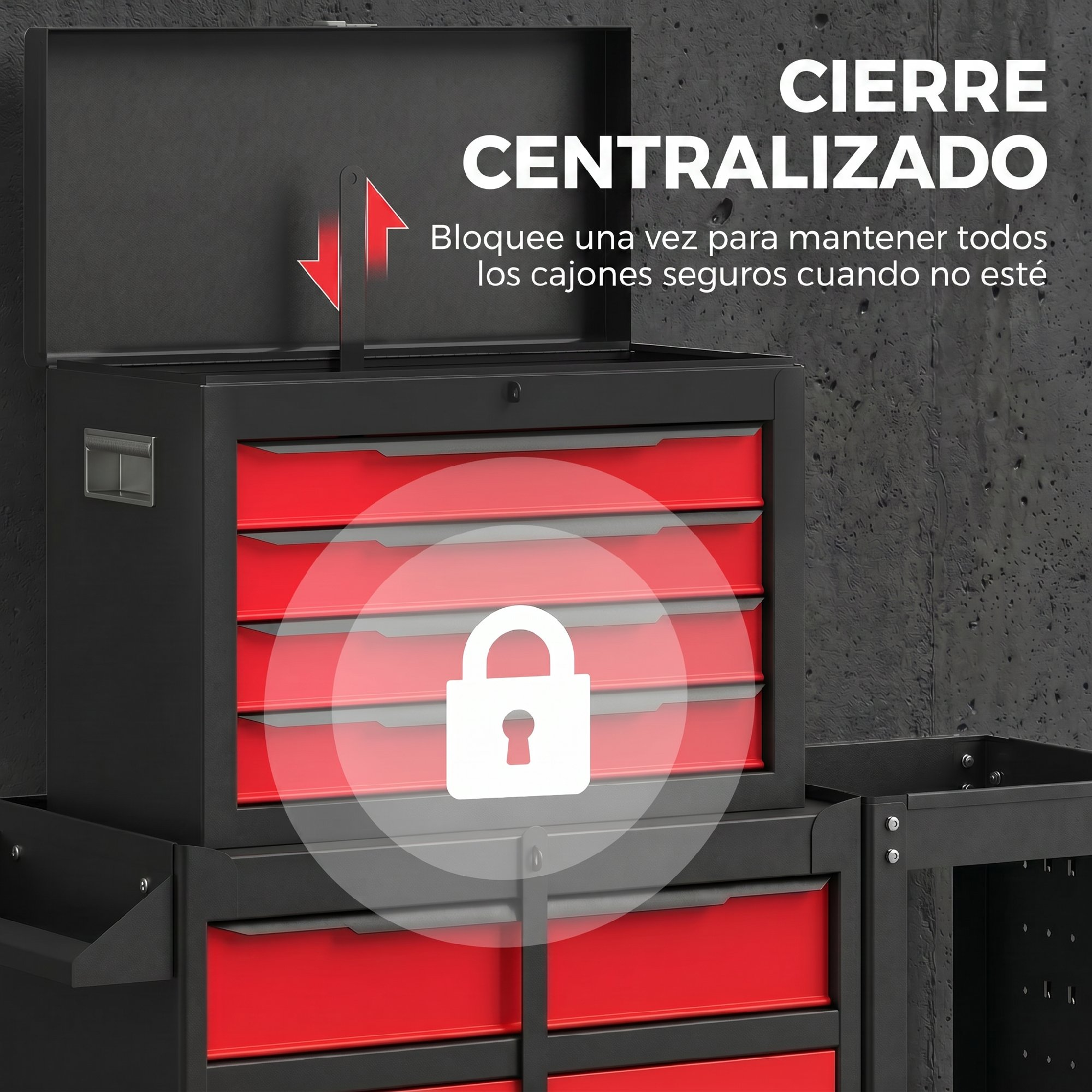 Caja de herramientas negra con cajones rojos y un icono de candado blanco.