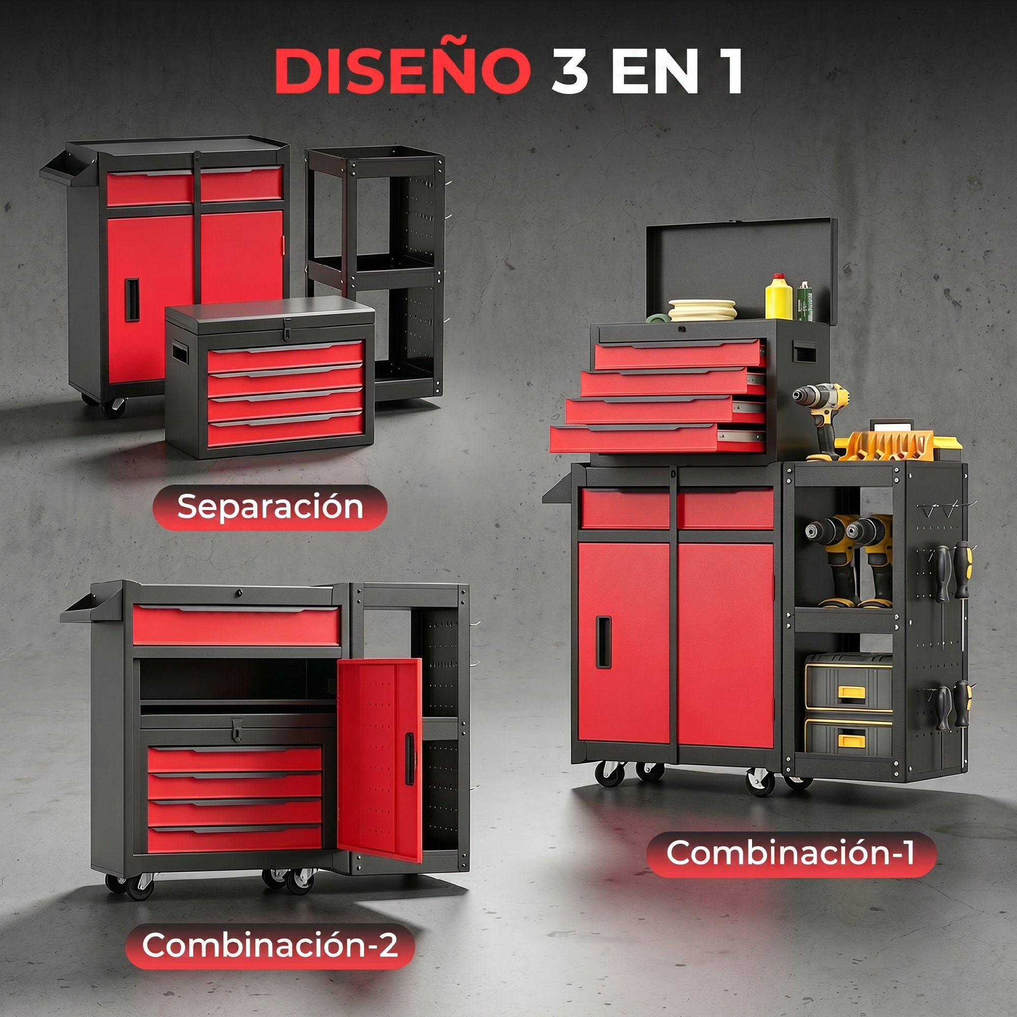 Carros de herramientas rojos y negros en varias configuraciones y separados.