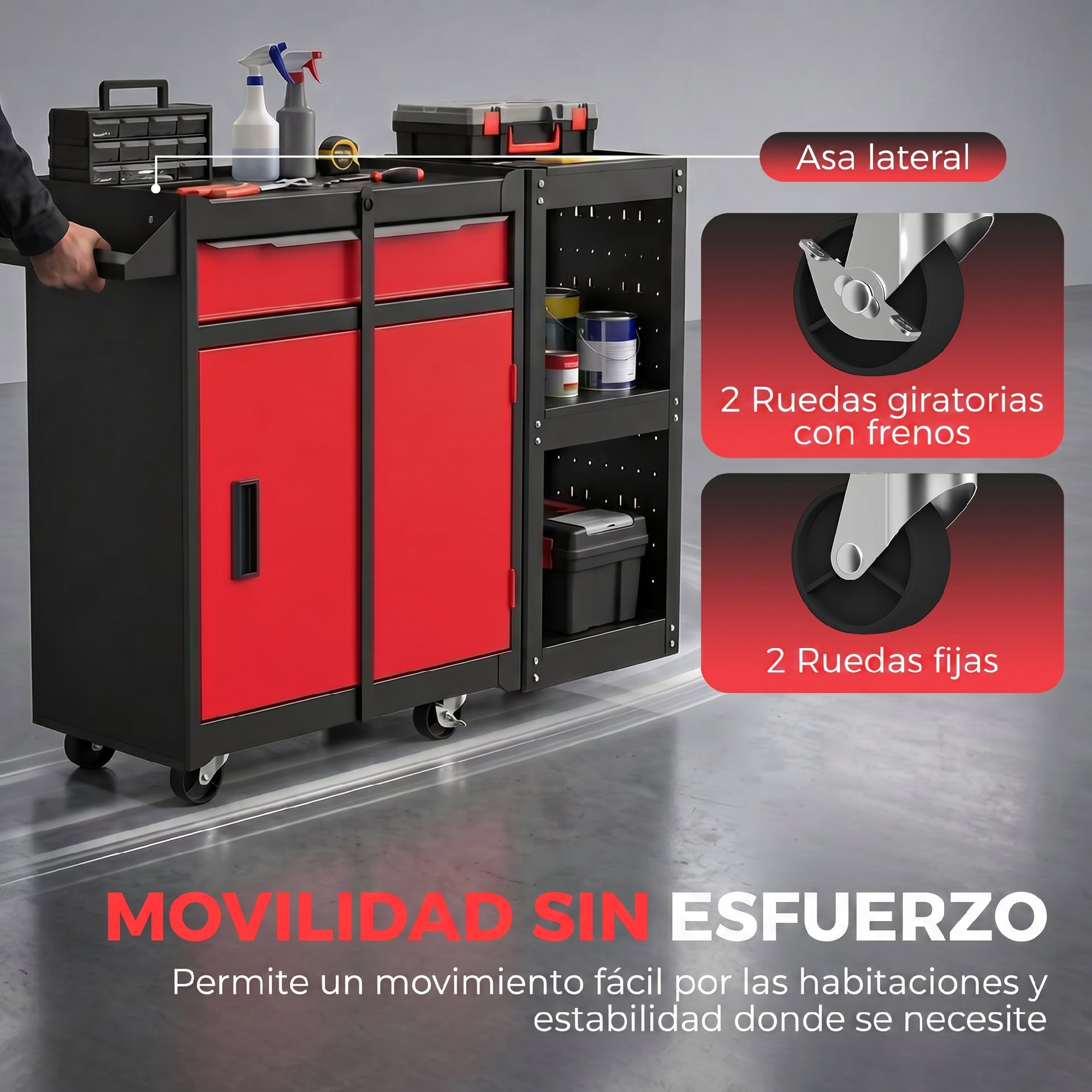 Un carrito de herramientas rojo y negro con cajones, estantes y ruedas.