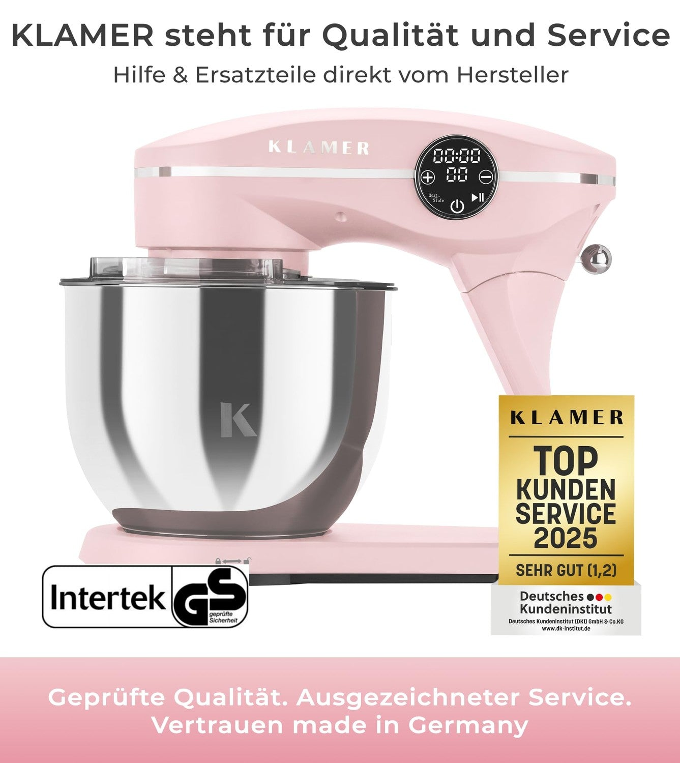 Ein rosafarbener Küchenmixer mit Metallschüssel und digitaler Anzeige. Plaketten von Intertek, GS und Deutsches Kundeninstitut.