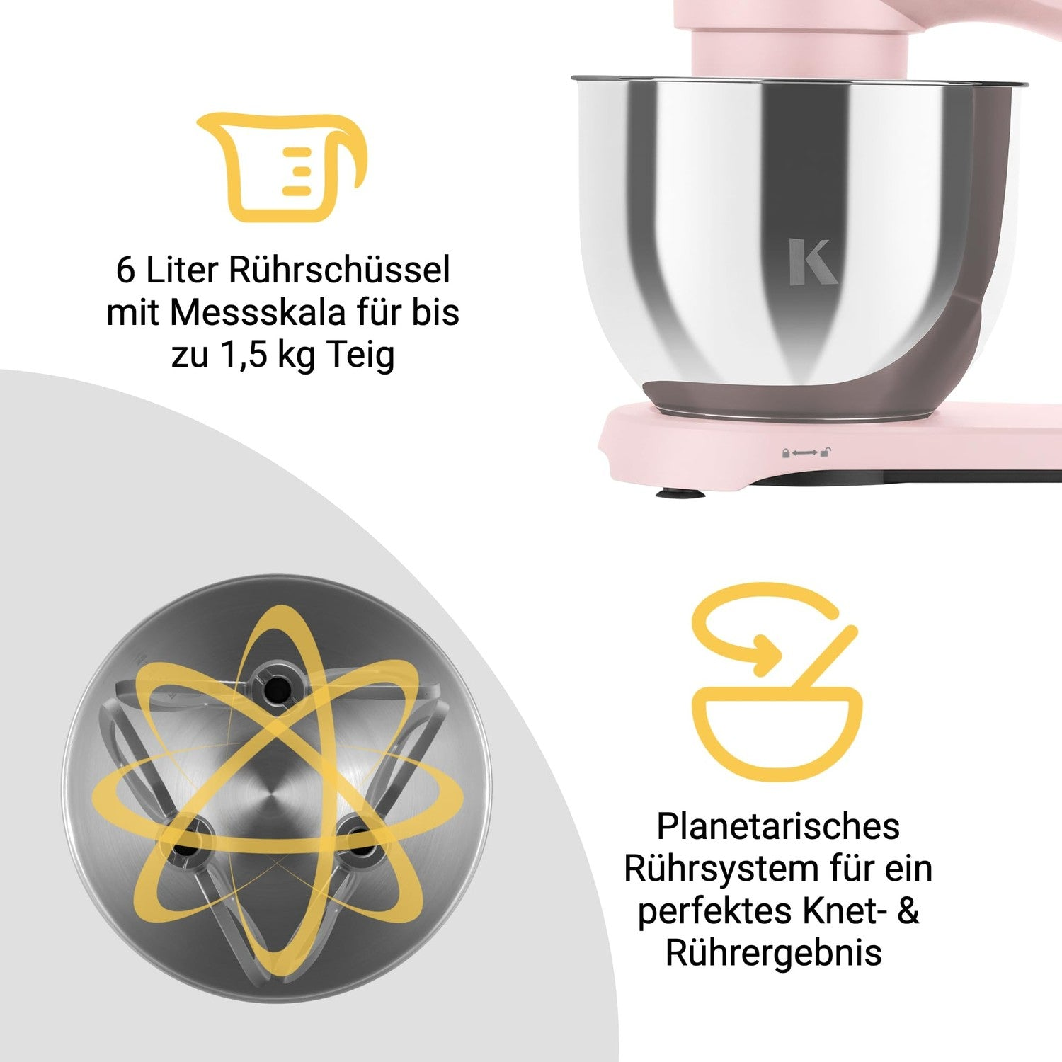Ein Rosafarbener Küchenmixer mit silberner Rührschüssel und Zubehör.