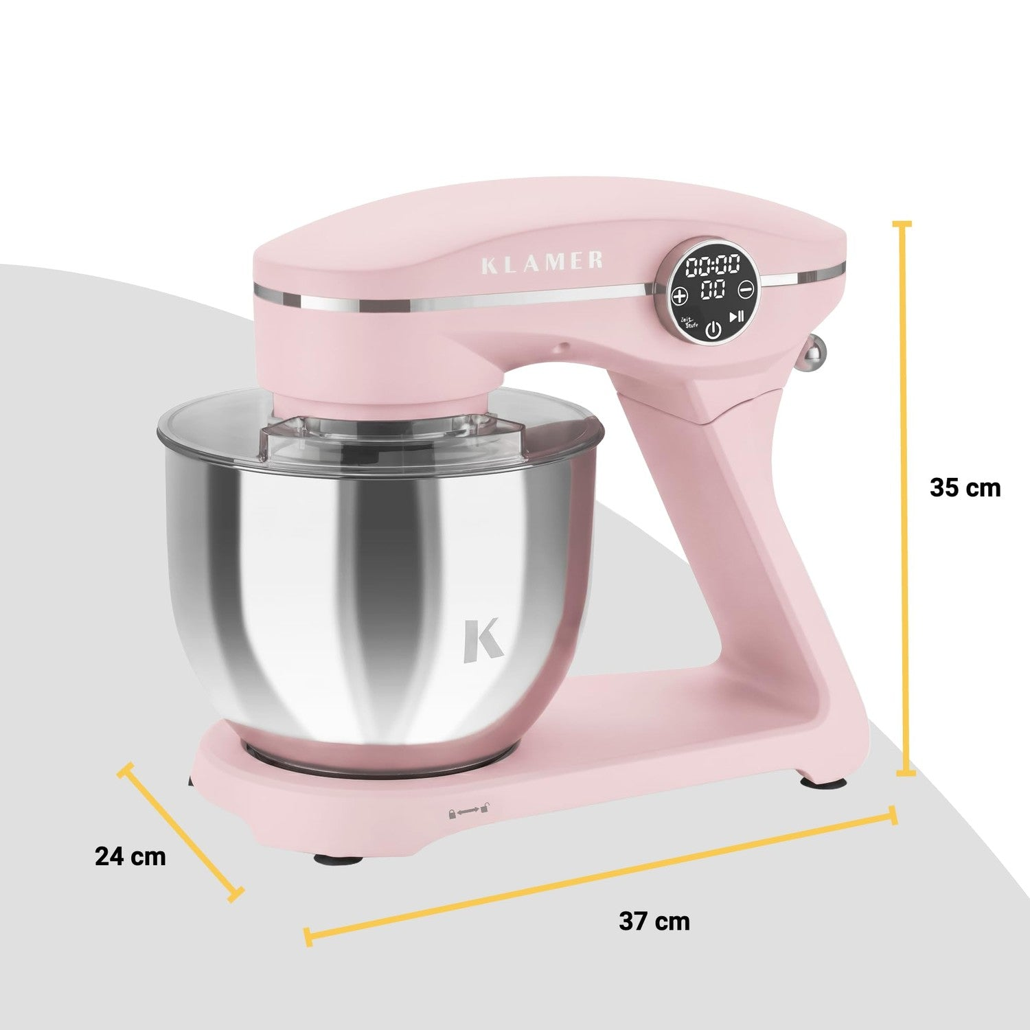 Ein rosafarbener Küchenmixer mit Edelstahlschüssel und digitaler Anzeige.