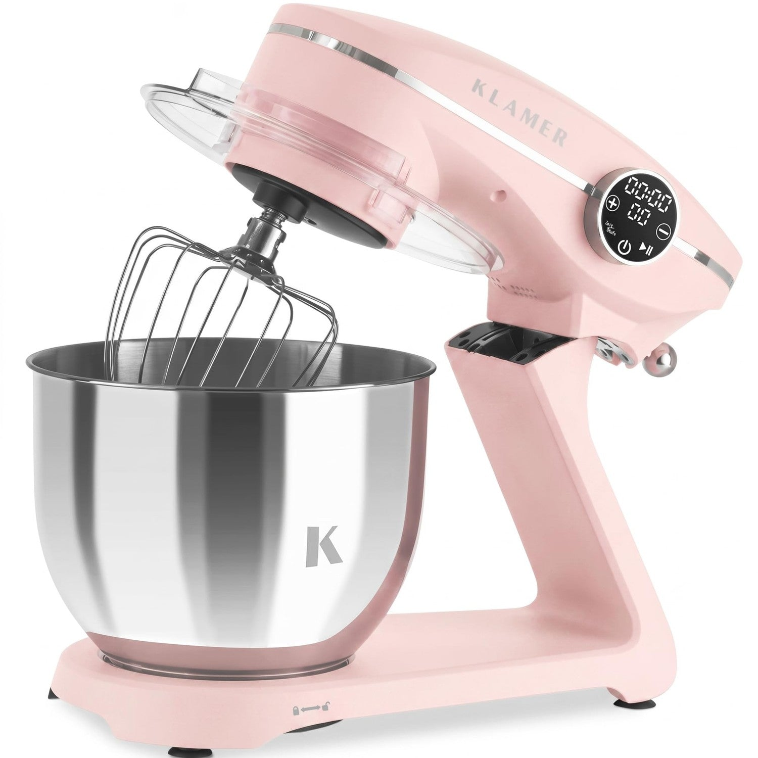 Ein rosafarbener Küchenmixer mit einem silbernen Rührschüsselaufsatz und einem Schneebesen.