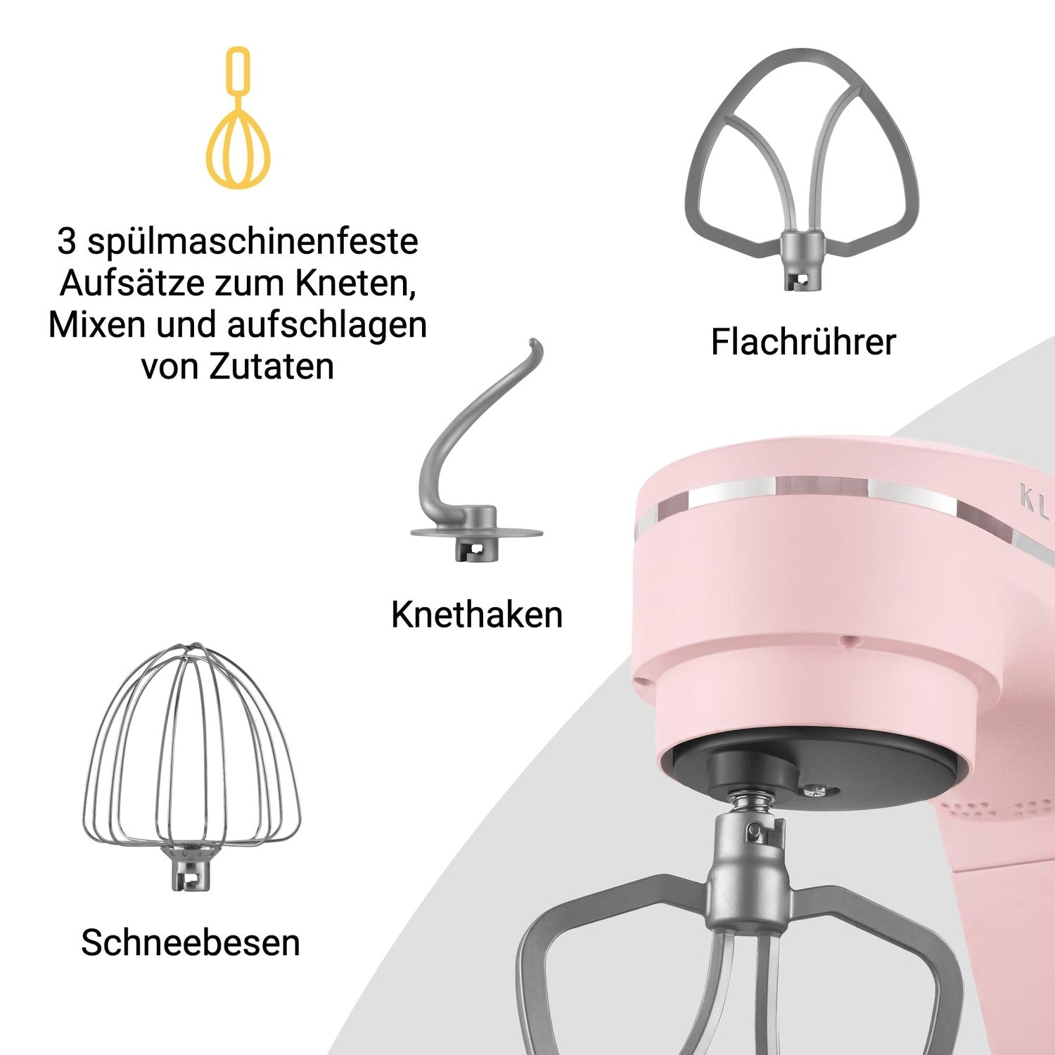 Küchenmaschine mit drei Aufsätzen: Flachrührer, Knethaken und Schneebesen.