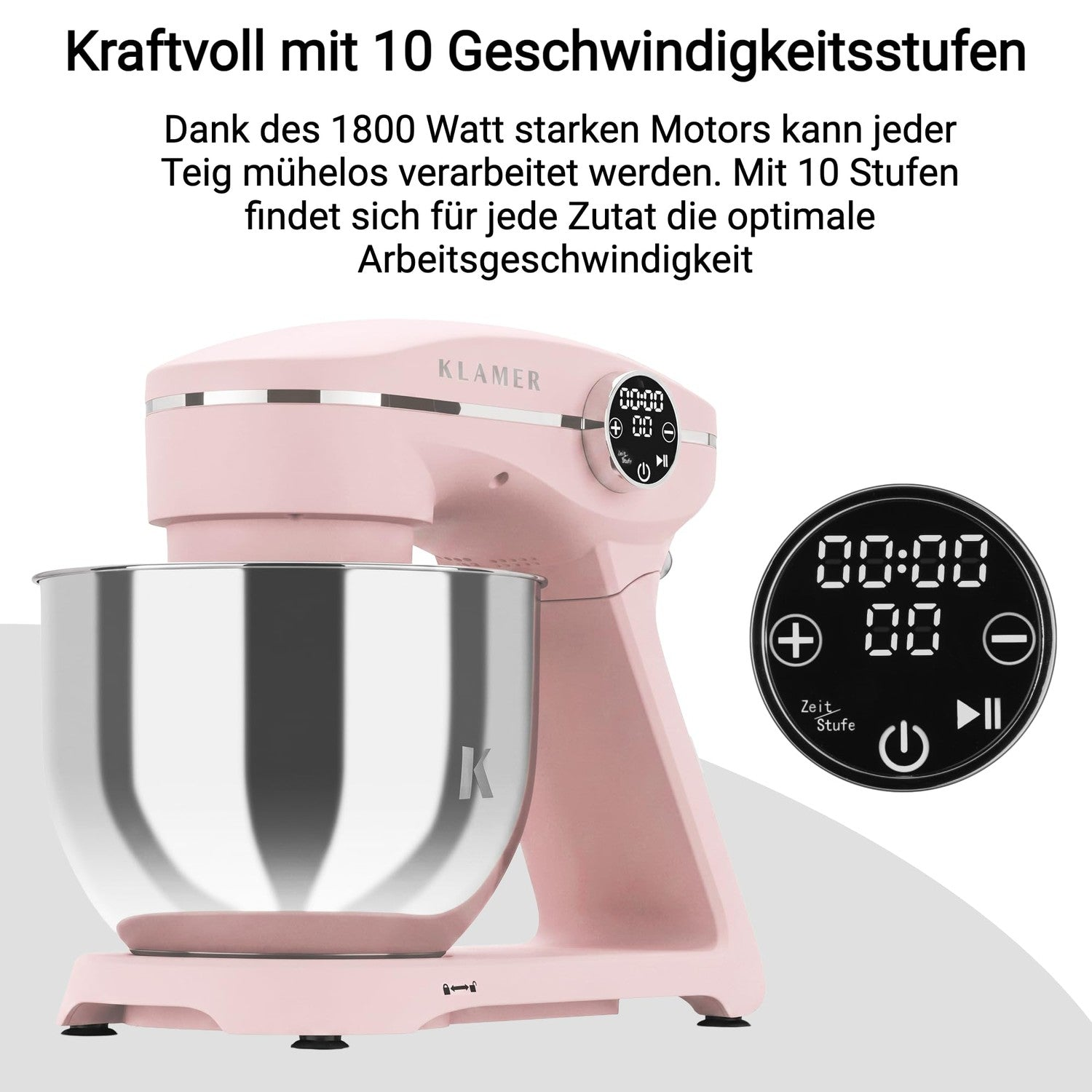 Ein rosafarbener Küchenmixer mit Edelstahlschüssel und digitaler Anzeige.