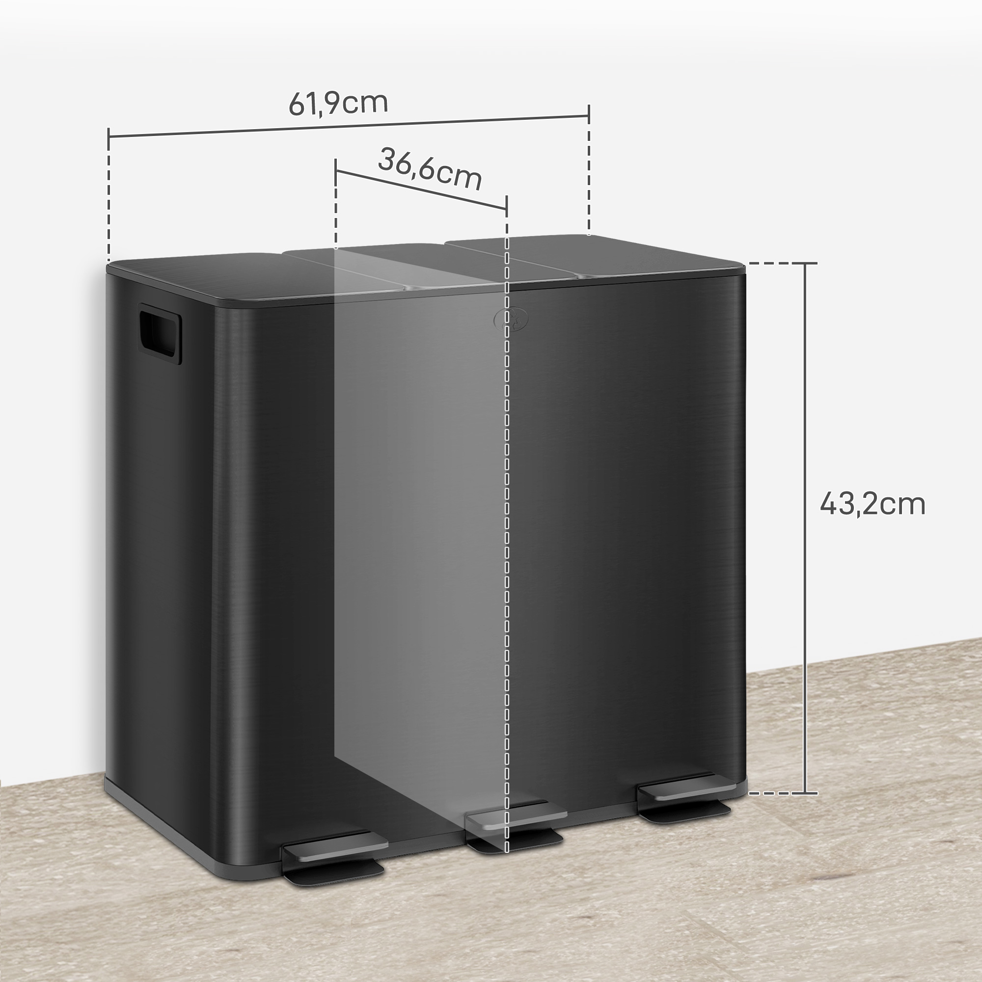 Papelera negra de doble compartimento, dimensiones 61,9x43,2cm.