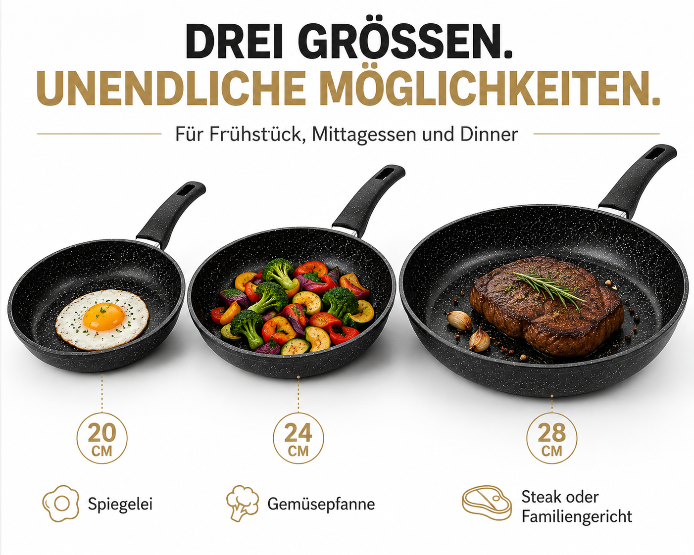 Drei Pfannen mit Ei, Gemüse und Steak. Größen 20, 24, 28 cm.