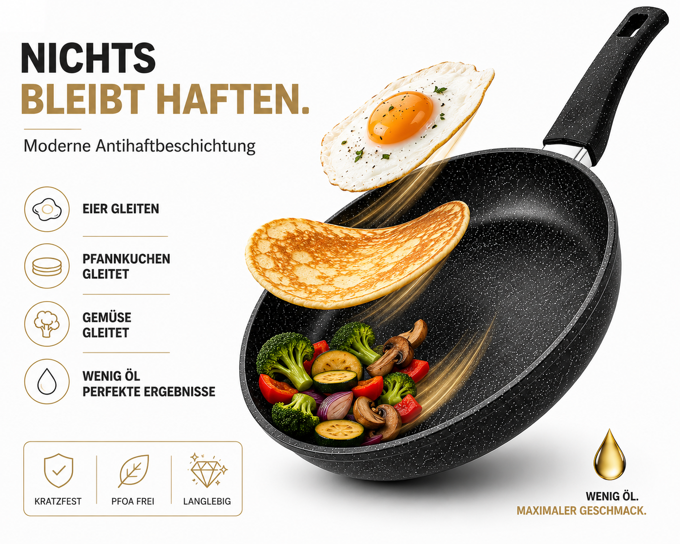 Beschichtete Pfanne mit Spiegelei, Pfannkuchen und Gemüse. Antihaftbeschichtung.
