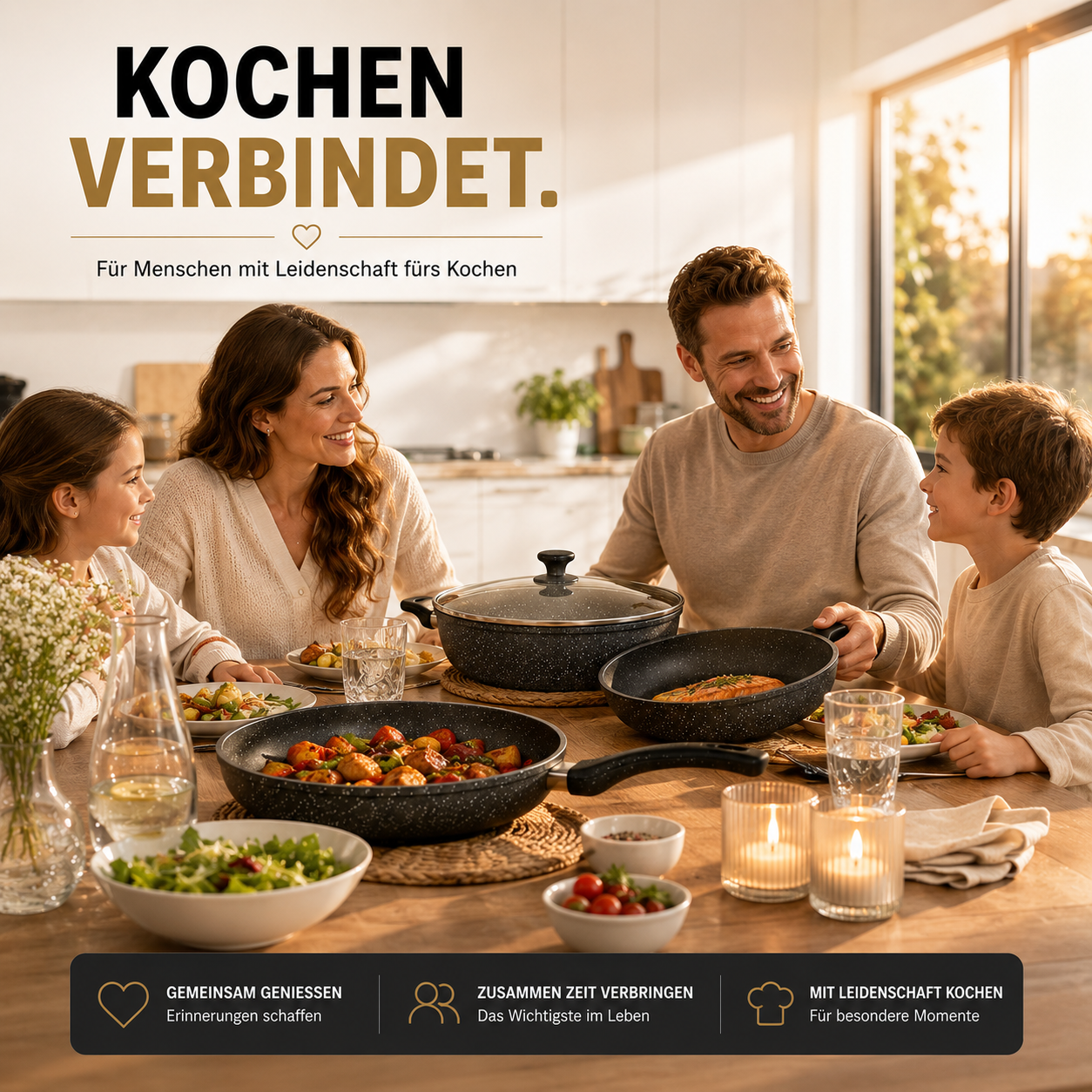 Eine Familie genießt gemeinsam eine Mahlzeit am Esstisch mit Kochgeschirr.
