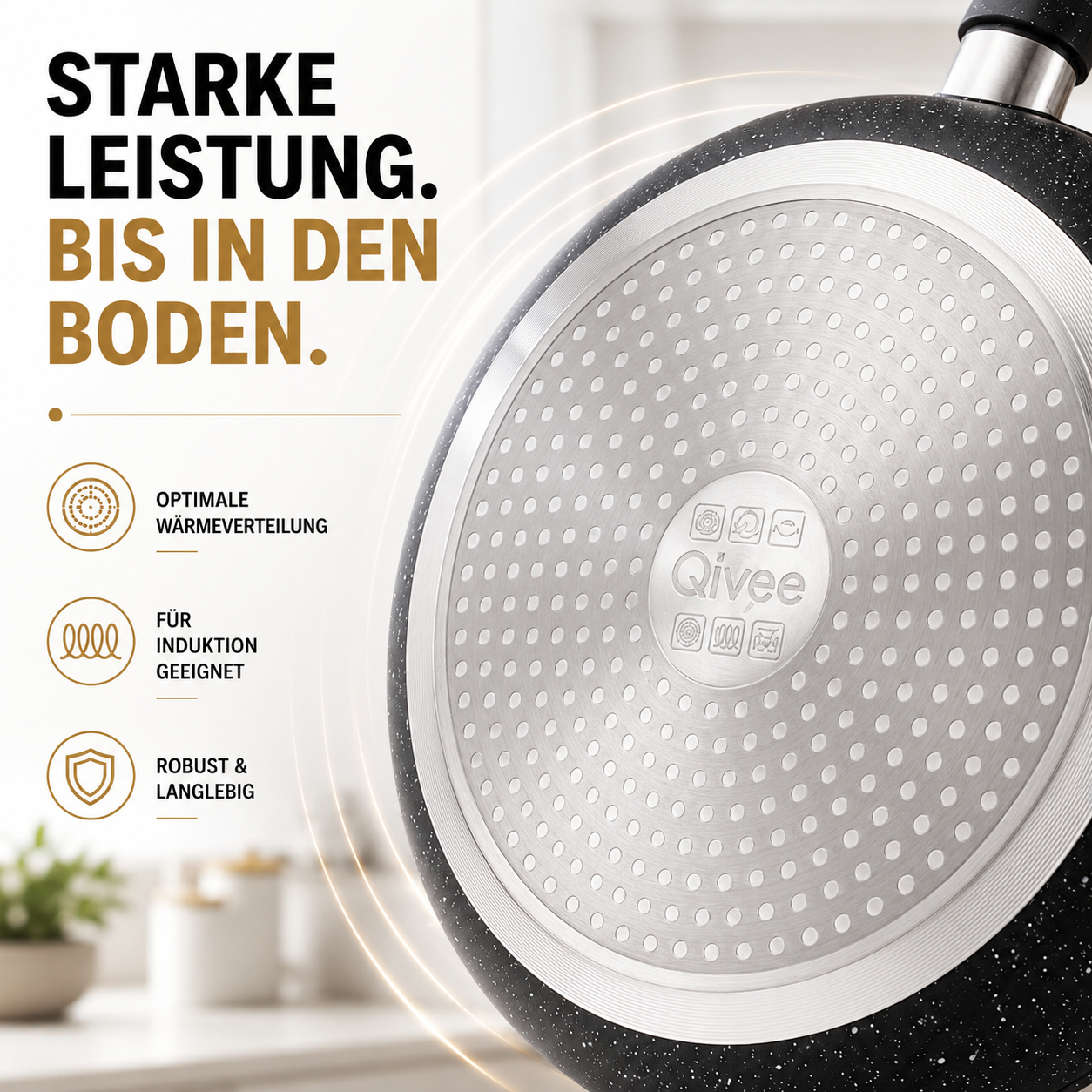 Boden einer Pfanne mit Text und Symbolen für Wärme, Induktion, Robustheit.