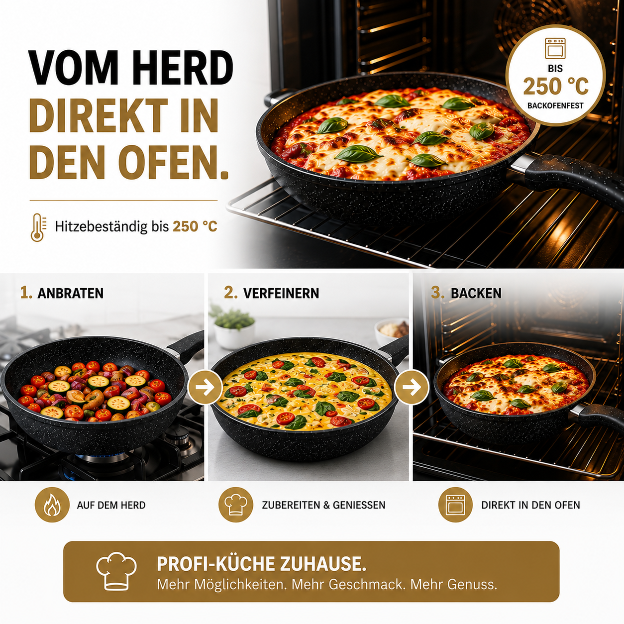 Pfanne mit Essen: vom Herd in den Ofen. Hitzebeständig bis 250°C.