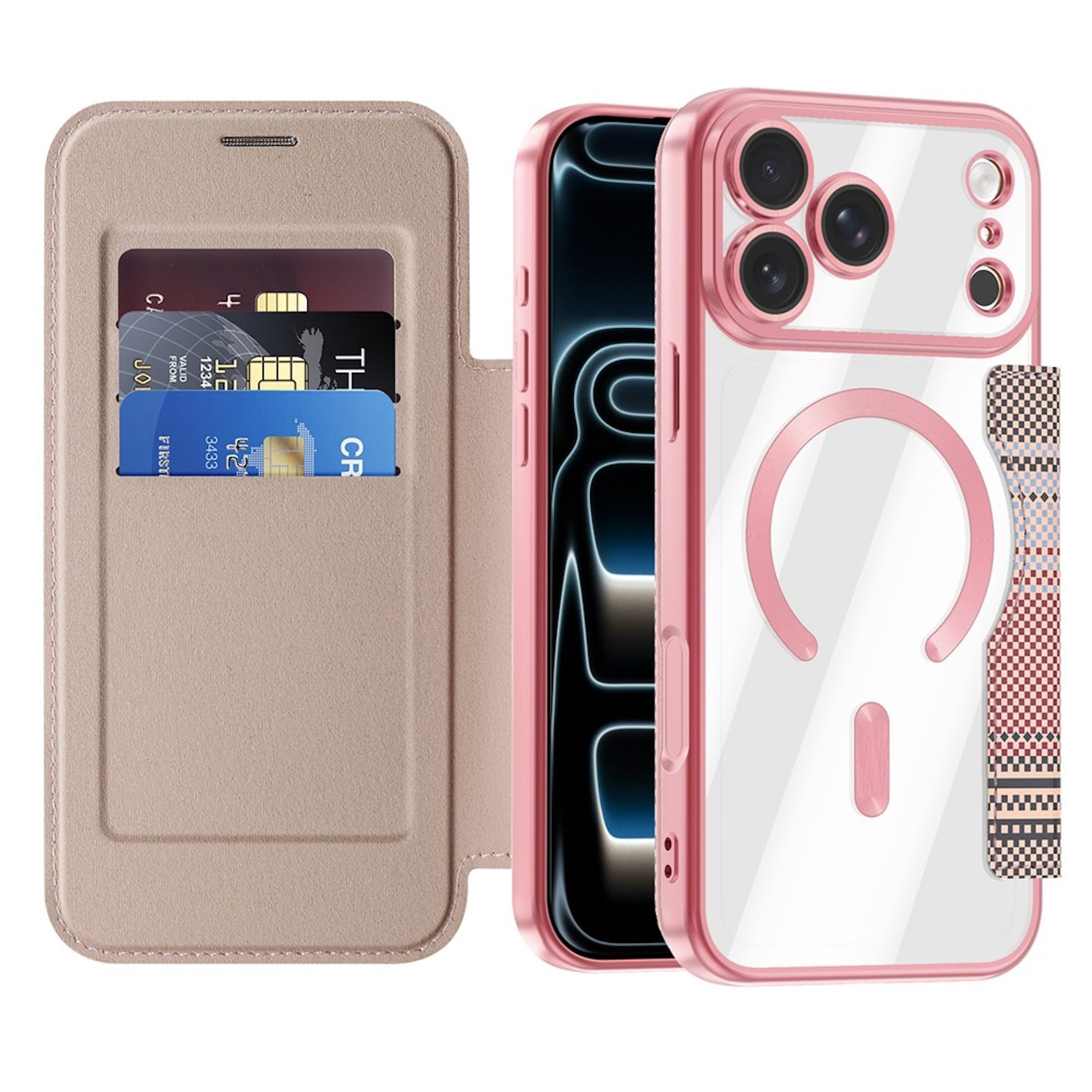 Ein pinker Handyhülle mit Kartenfächern und einer transparenten Rückseite mit Magnetring.