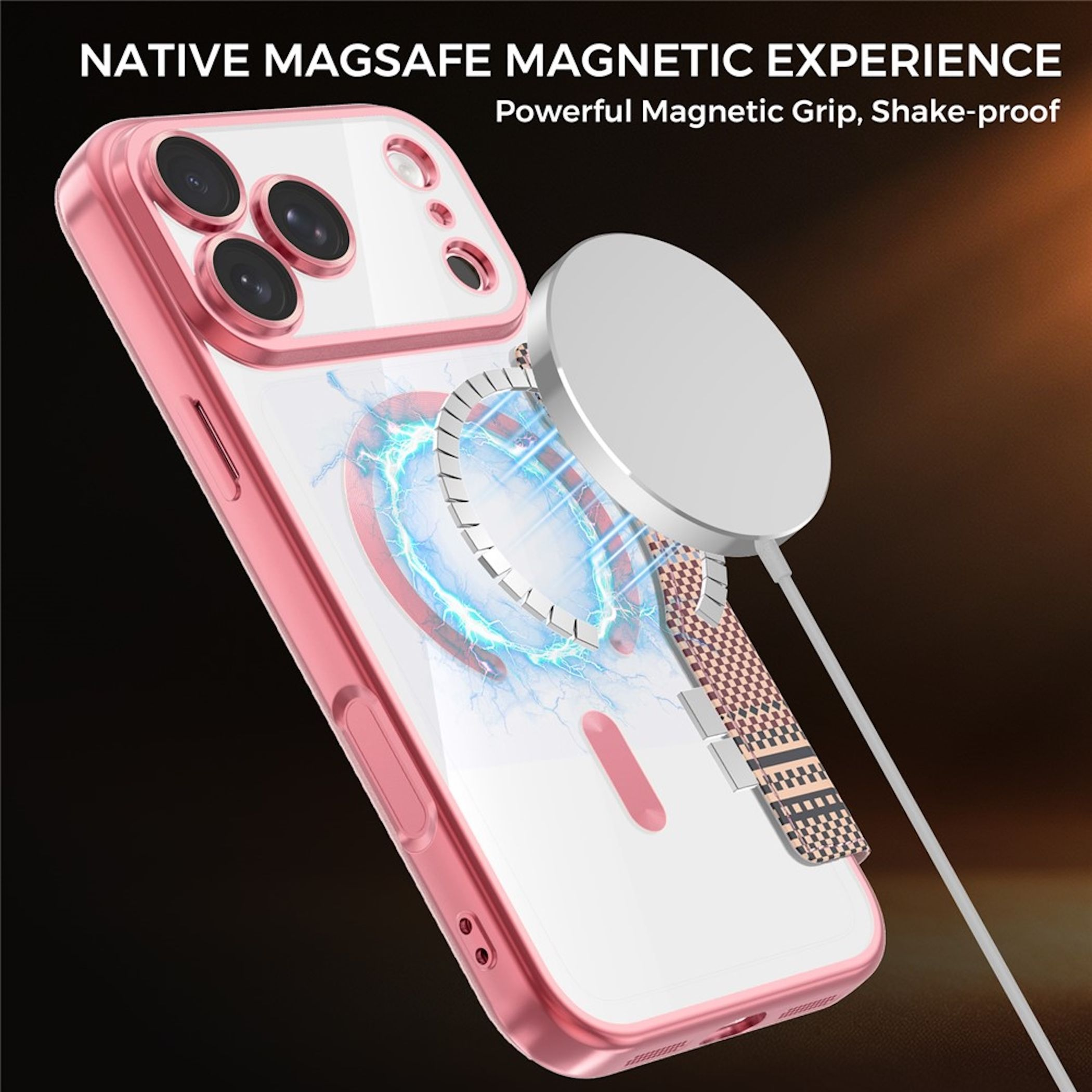 Ein rosa iPhone mit durchsichtiger Hülle und MagSafe-Ladegerät im Einsatz.