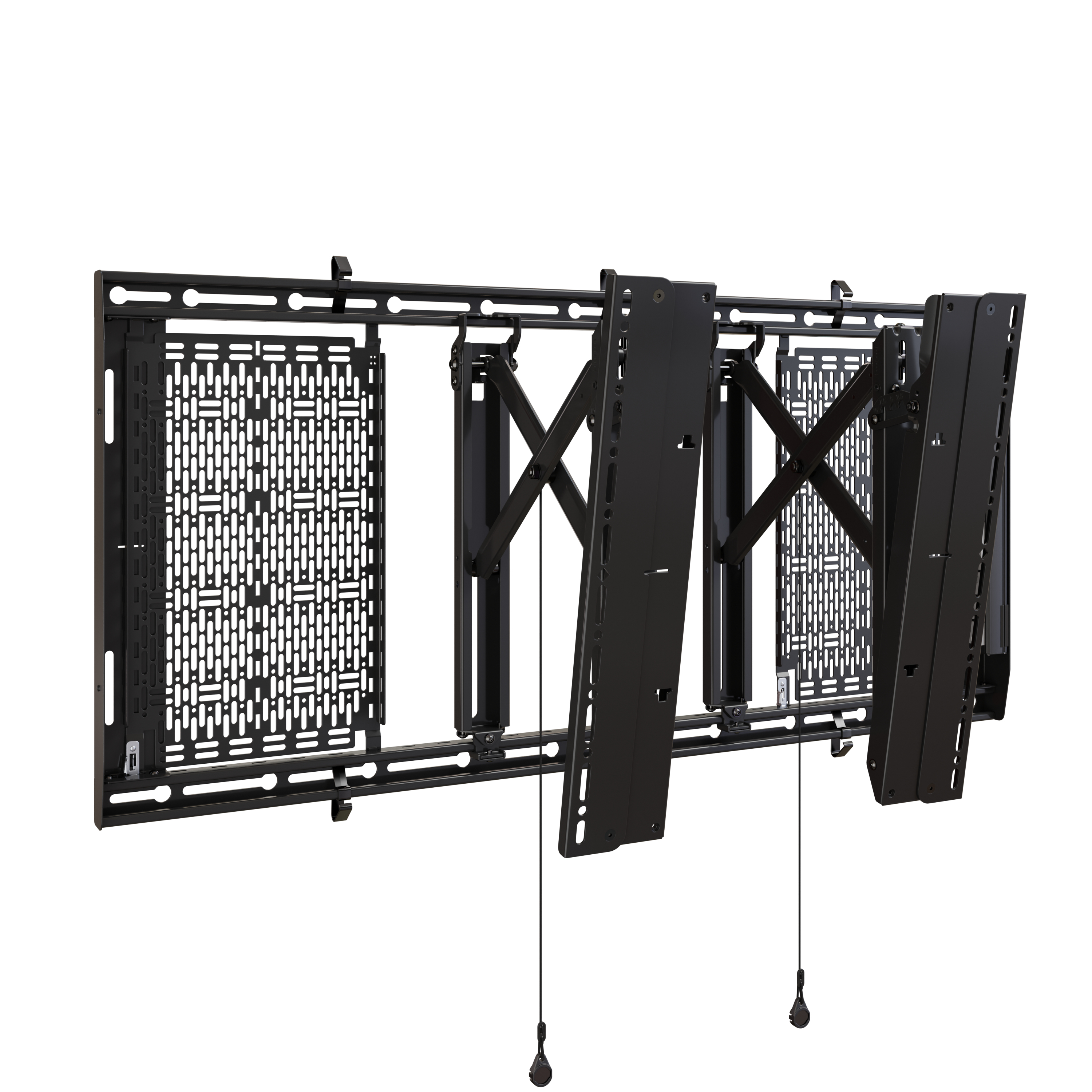Ein schwarzer, ausziehbarer TV-Wandhalter mit vielen Schlitzen und einem Scherenmechanismus.
