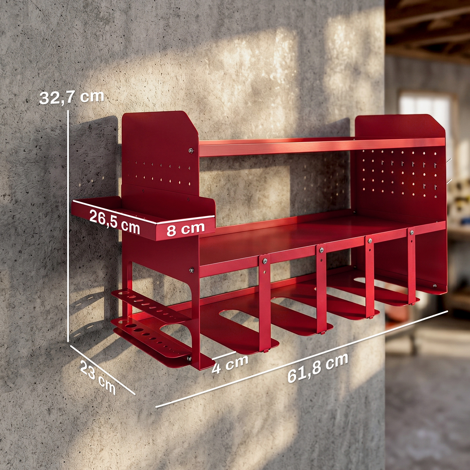Organizador de herramientas rojo en pared de hormigón con medidas: 32,7cm A, 26,5cm P, 8cm An, 23cm P, 4cm An, 61,8cm L.