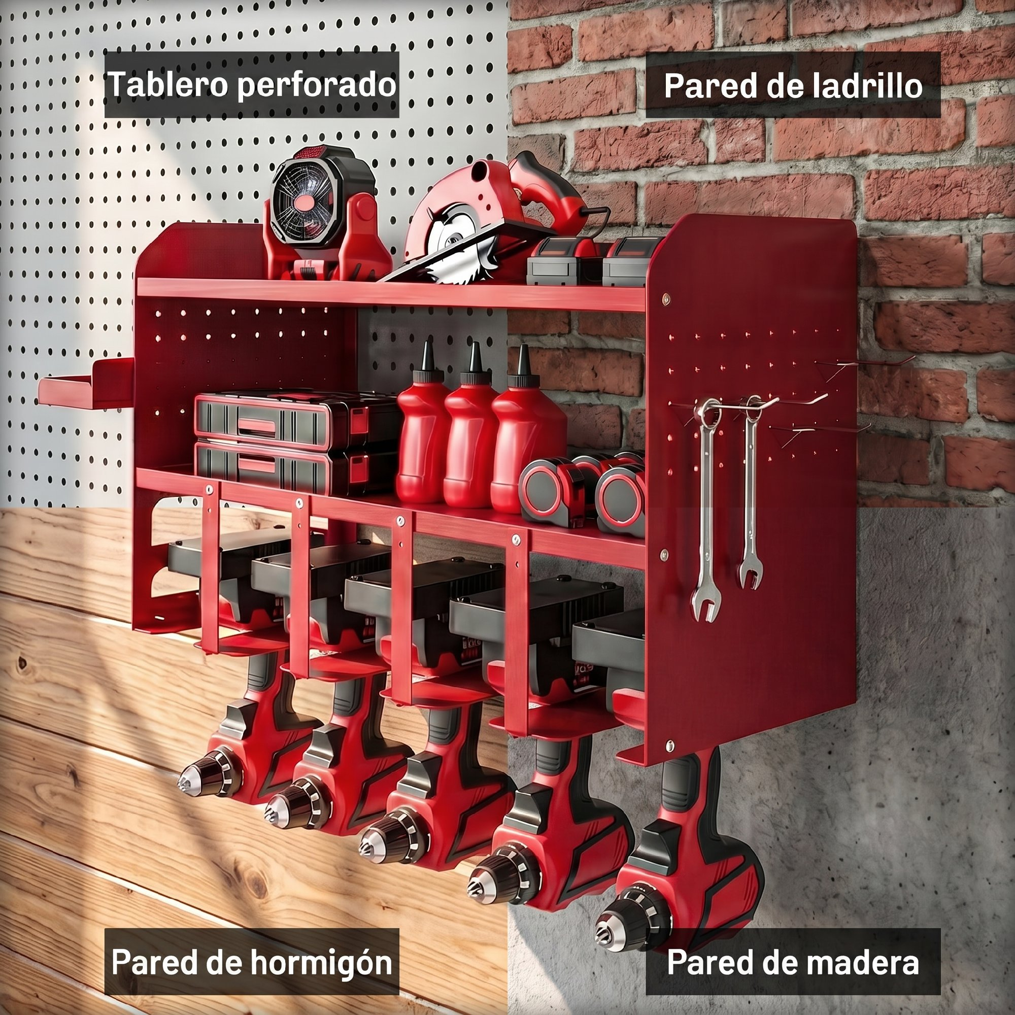 Un organizador de herramientas rojo con taladros, sierra, ventilador y herramientas en pared de ladrillos.