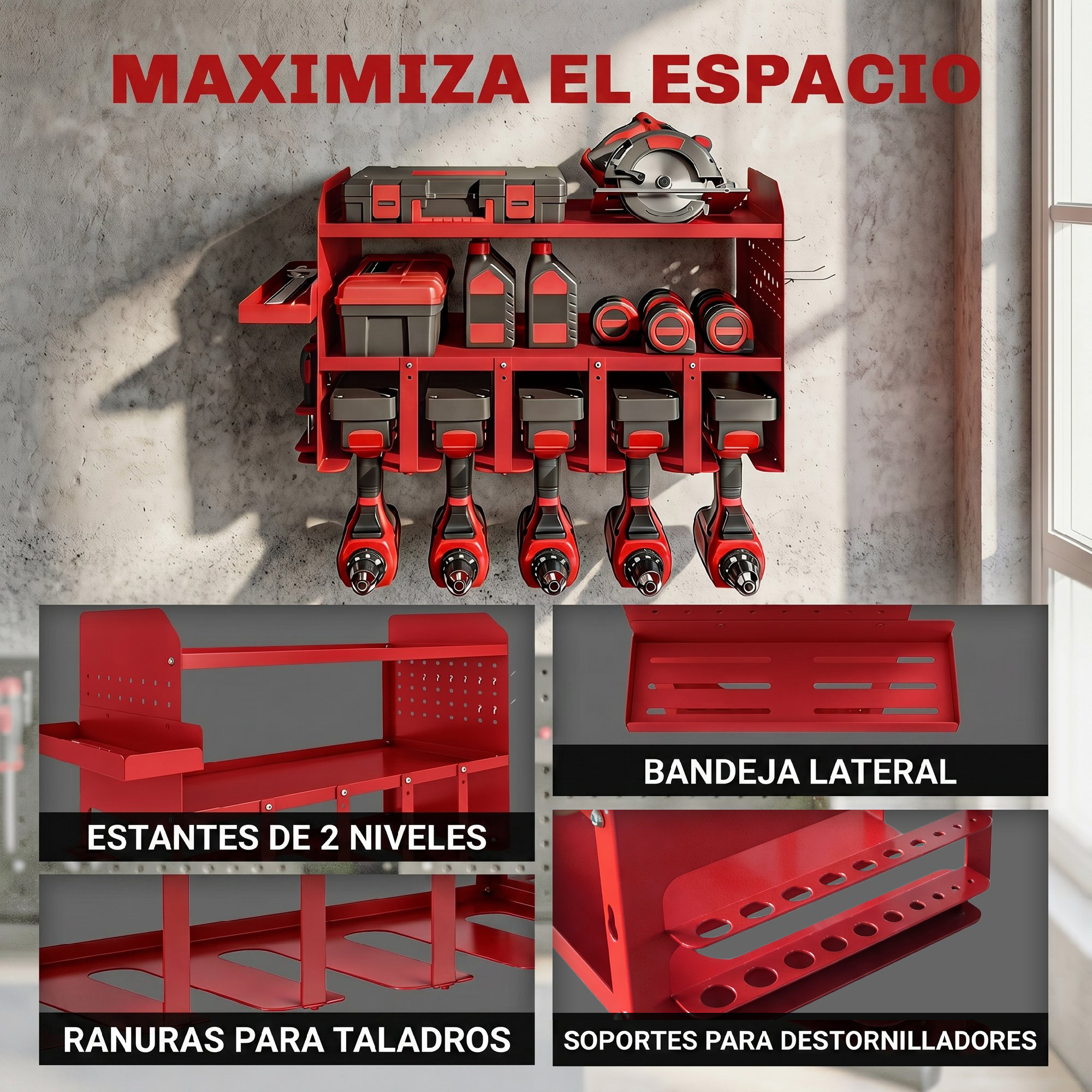 Organizador de herramientas rojo con taladros, sierra circular, cajas y botellas.