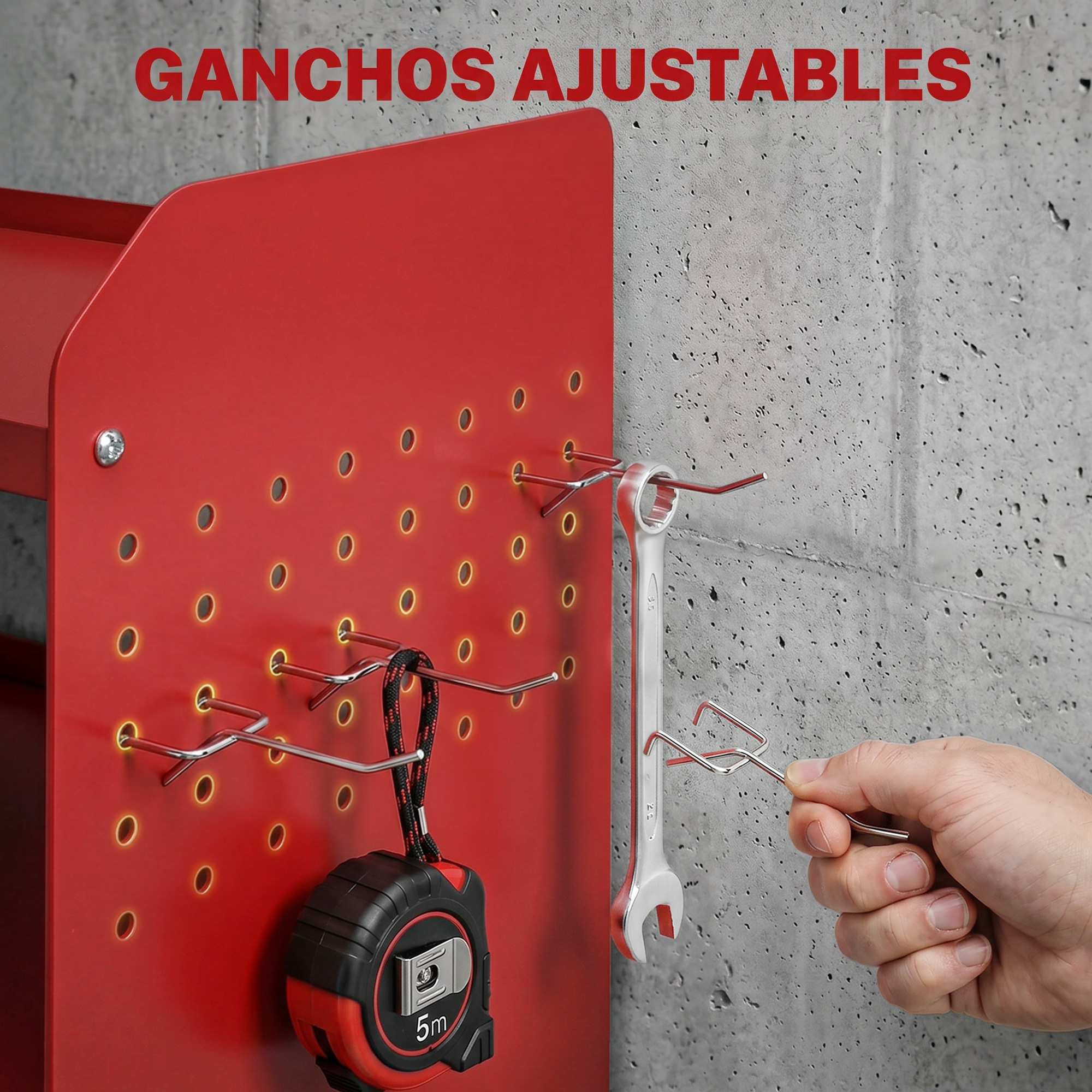 Panel de herramientas rojo con ganchos, herramientas y cinta métrica.